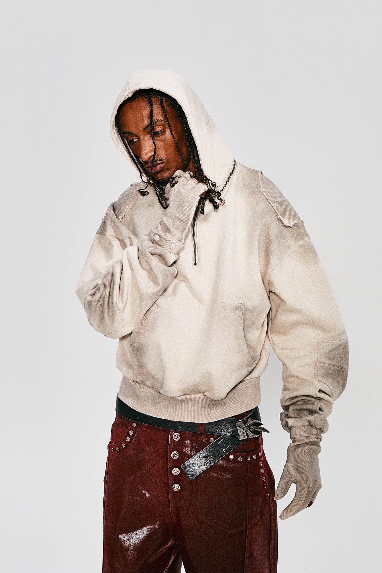 FLYERRER Distressed Detachable-Hood Glove-Sleeve Hoodie, premium urban and streetwear designers apparel on PROJECTISR.com, FLYERRER