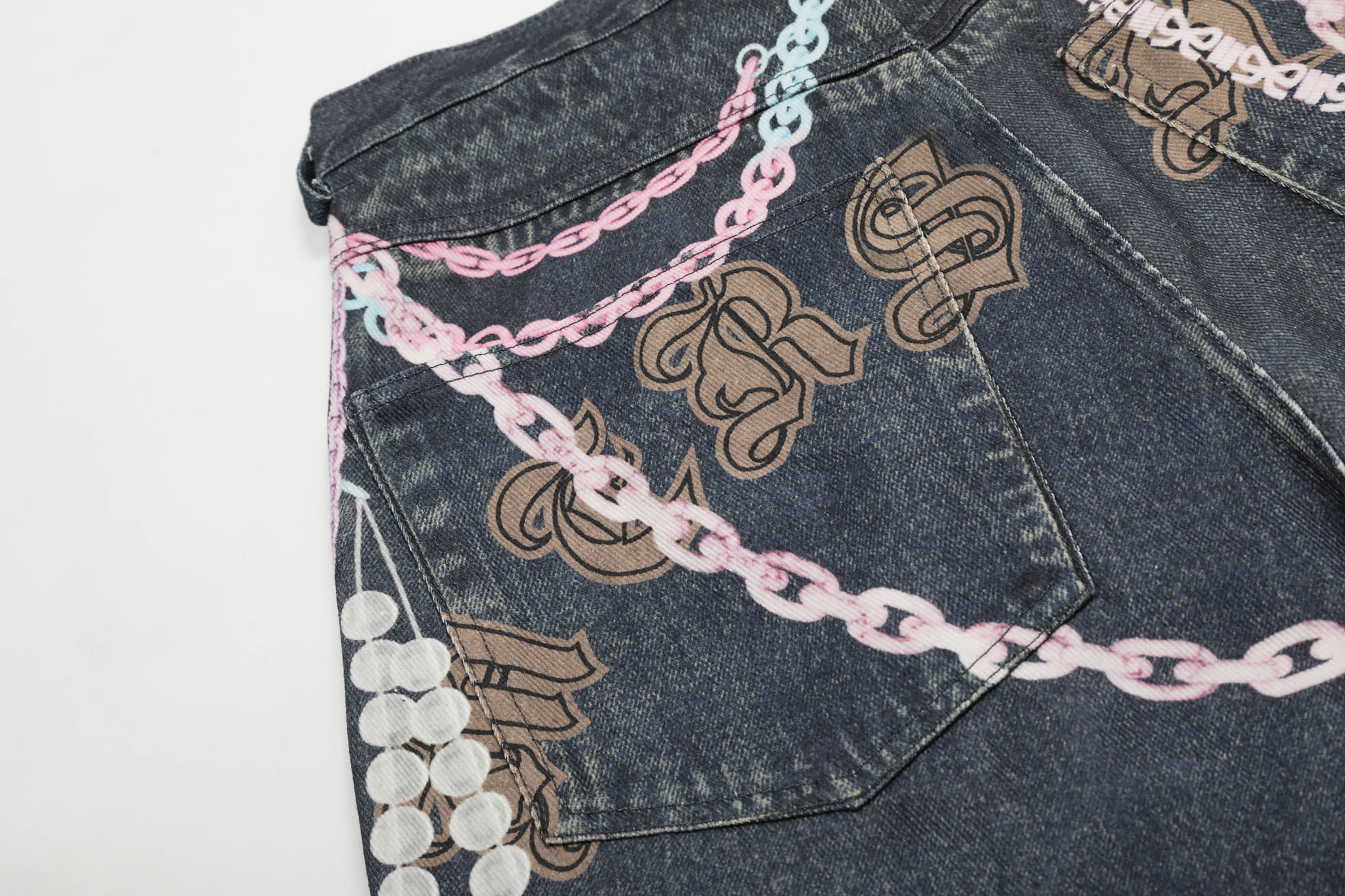 CLP Beaded Chain Graphics Wide-Leg Denim Shorts, premium urban and streetwear designers apparel on PROJECTISR.com, CLP