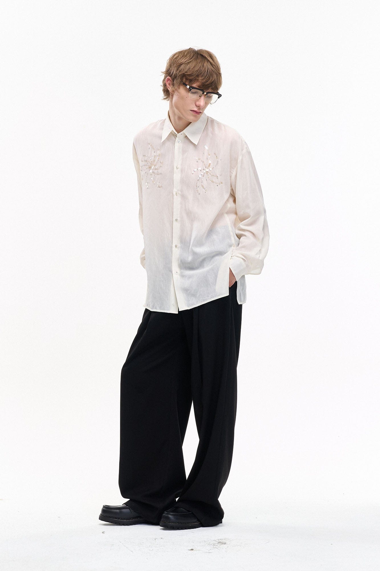 LEONSENSE Firework Embroidered Sequin Sheer Tencel Shirt, premium urban and streetwear designers apparel on PROJECTISR.com, LEONSENSE