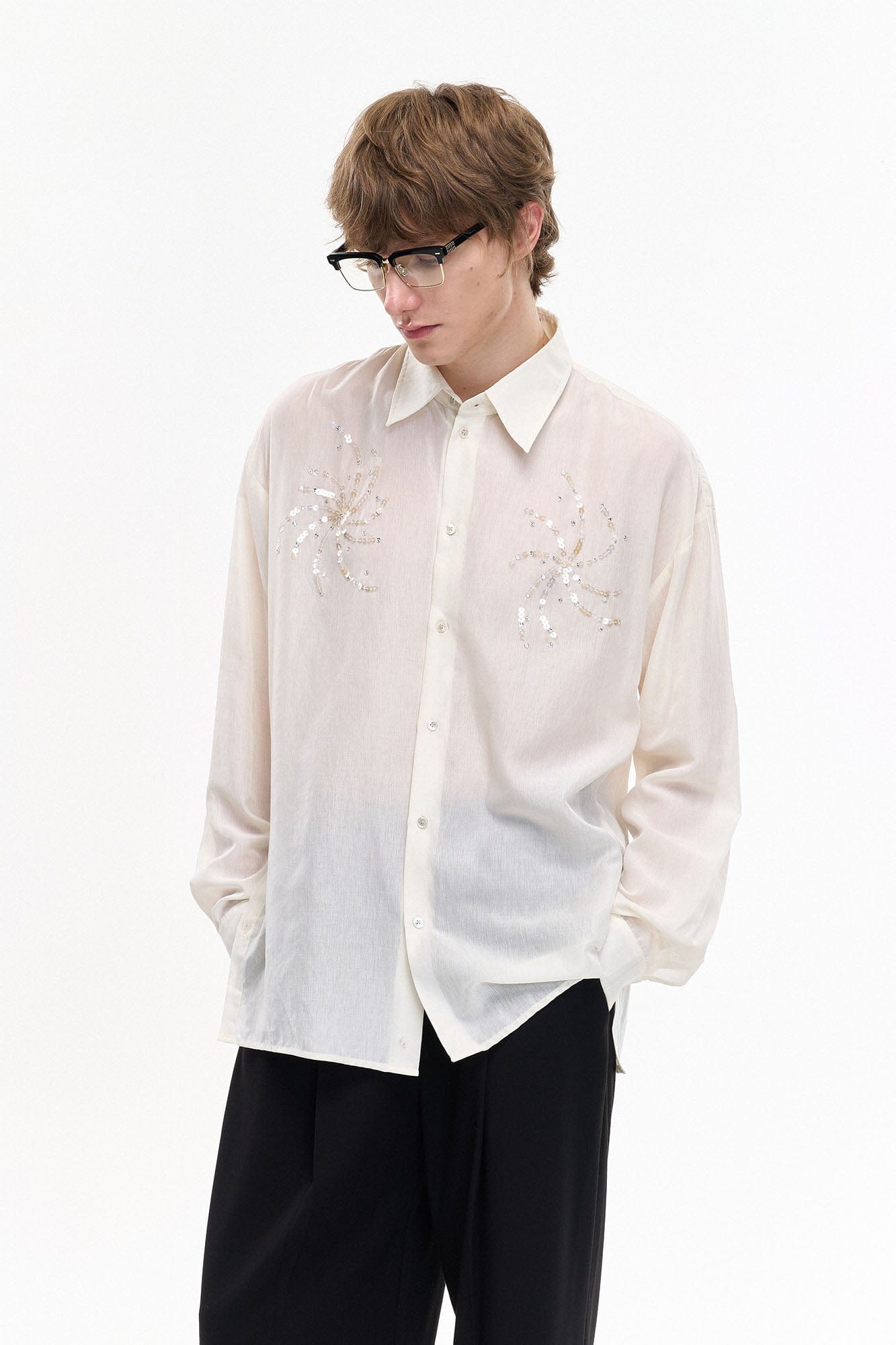 LEONSENSE Firework Embroidered Sequin Sheer Tencel Shirt, premium urban and streetwear designers apparel on PROJECTISR.com, LEONSENSE