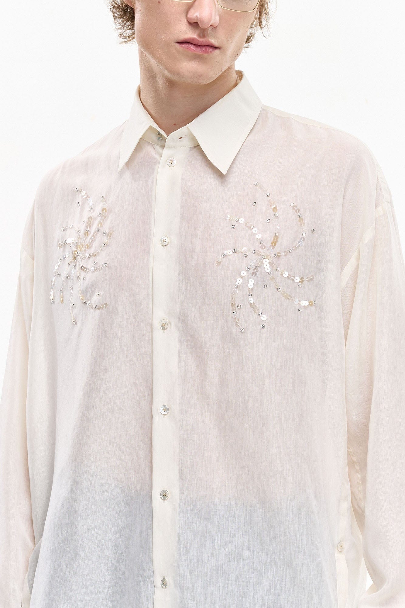LEONSENSE Firework Embroidered Sequin Sheer Tencel Shirt, premium urban and streetwear designers apparel on PROJECTISR.com, LEONSENSE