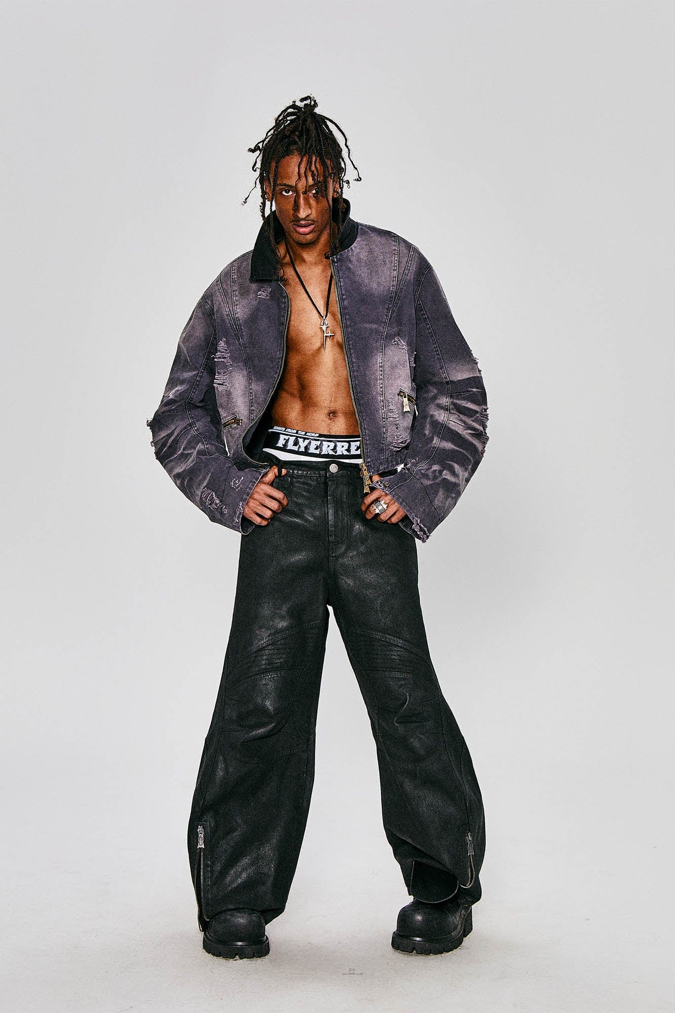 FLYERRER Distressed Curved Spliced Jacket Grey, premium urban and streetwear designers apparel on PROJECTISR.com, FLYERRER