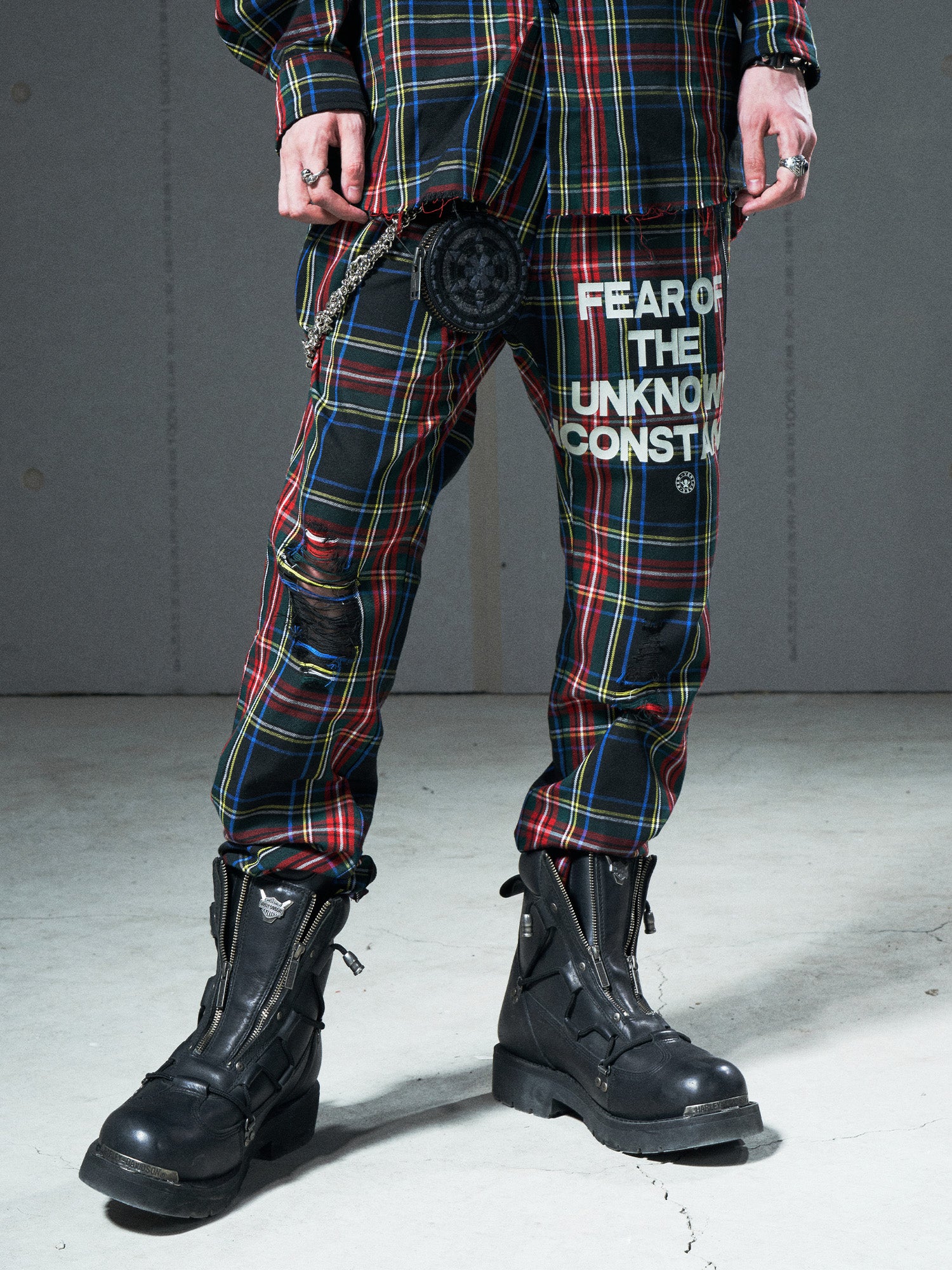 VENTUREK Distressed Zippered-Hem Slogan Slim Plaid Pants, premium urban and streetwear designers apparel on PROJECTISR.com, VENTUREK
