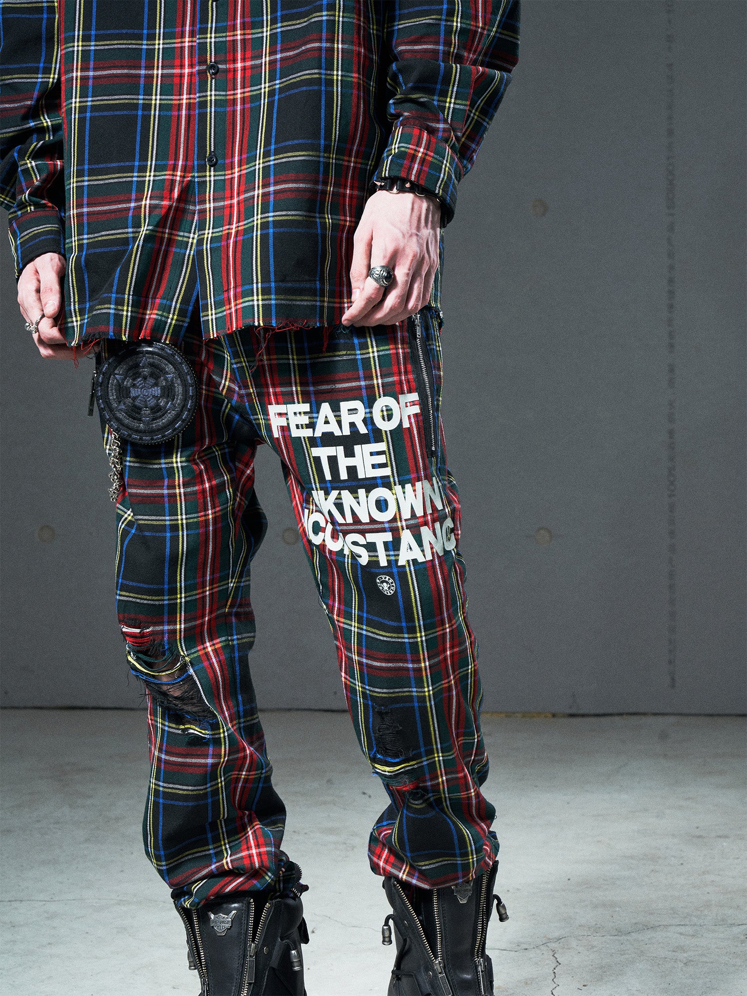 VENTUREK Distressed Zippered-Hem Slogan Slim Plaid Pants, premium urban and streetwear designers apparel on PROJECTISR.com, VENTUREK