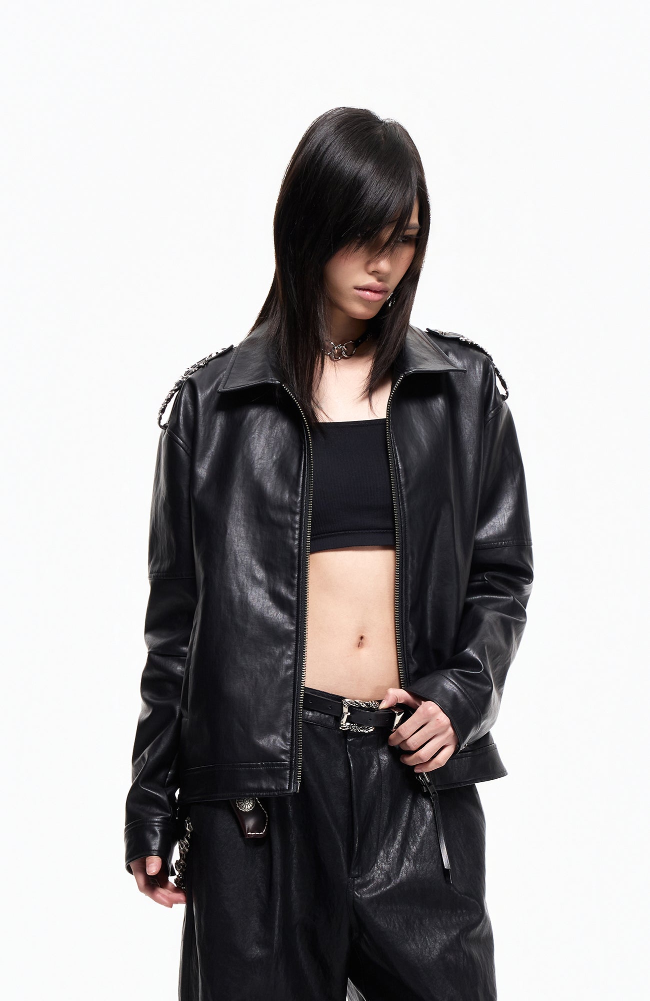 2000RSK Pin-Shoulder Faux Leather Biker Jacket