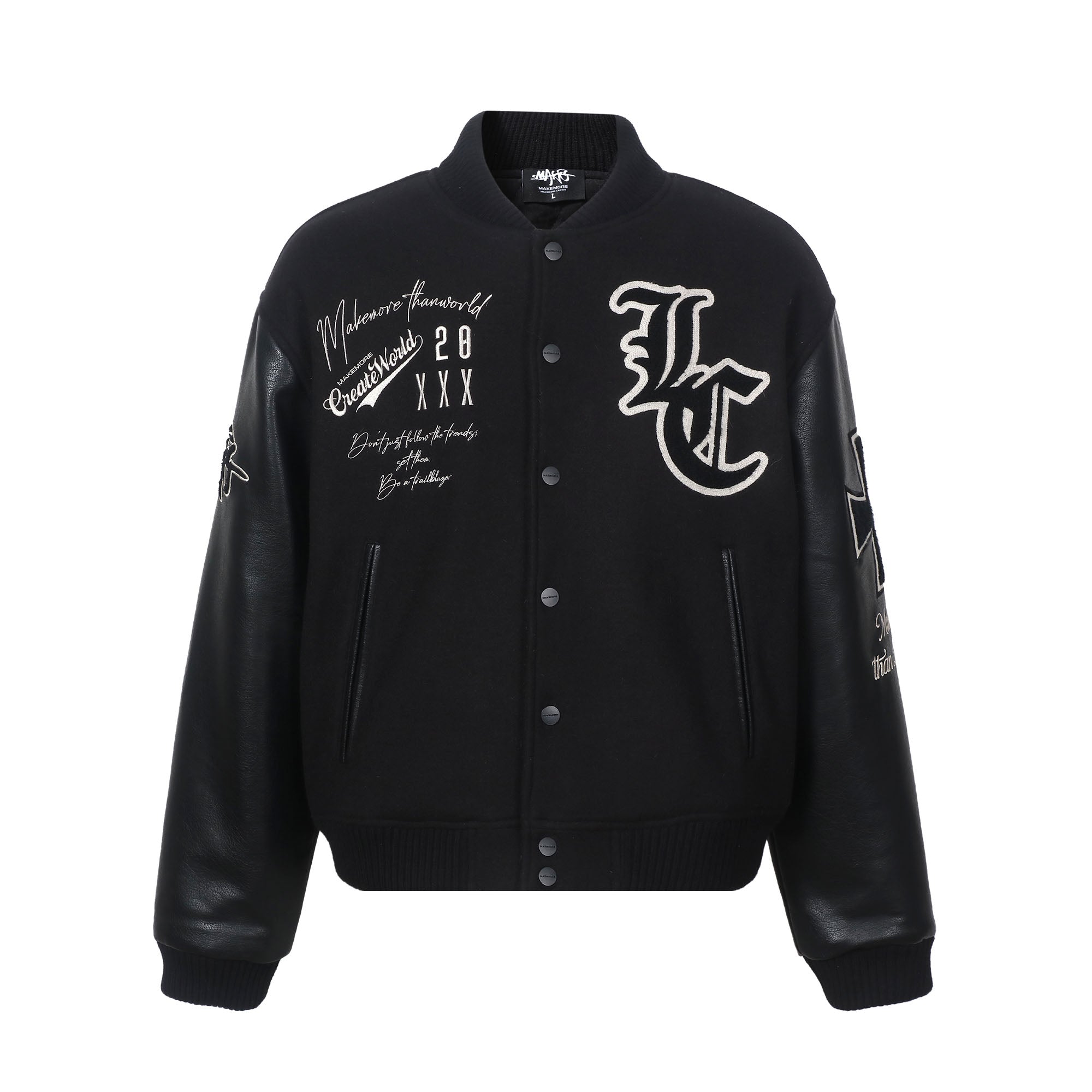 MAKEMORE Gothic Patch PU Sleeve Padded Varsity Jacket