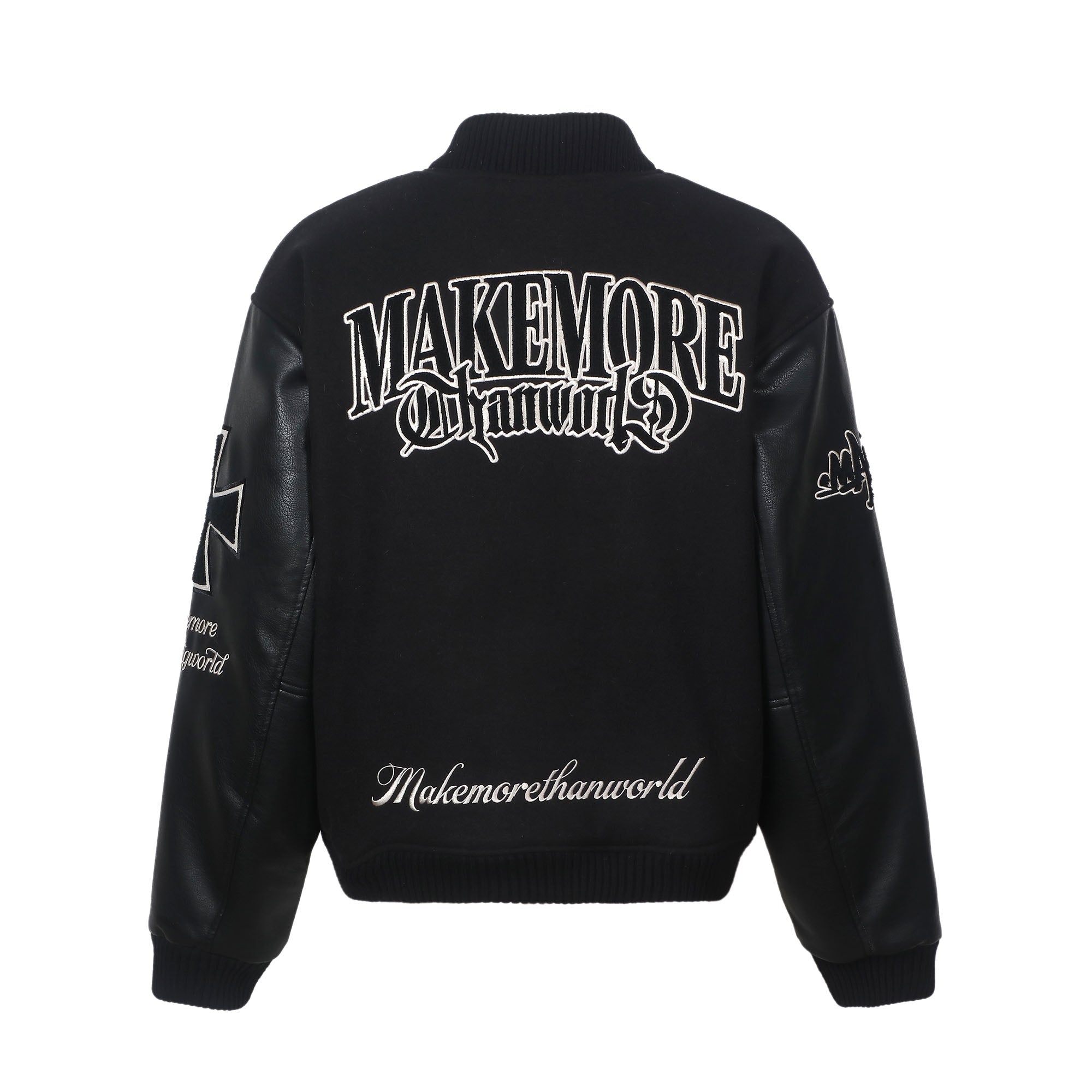 MAKEMORE Gothic Patch PU Sleeve Padded Varsity Jacket