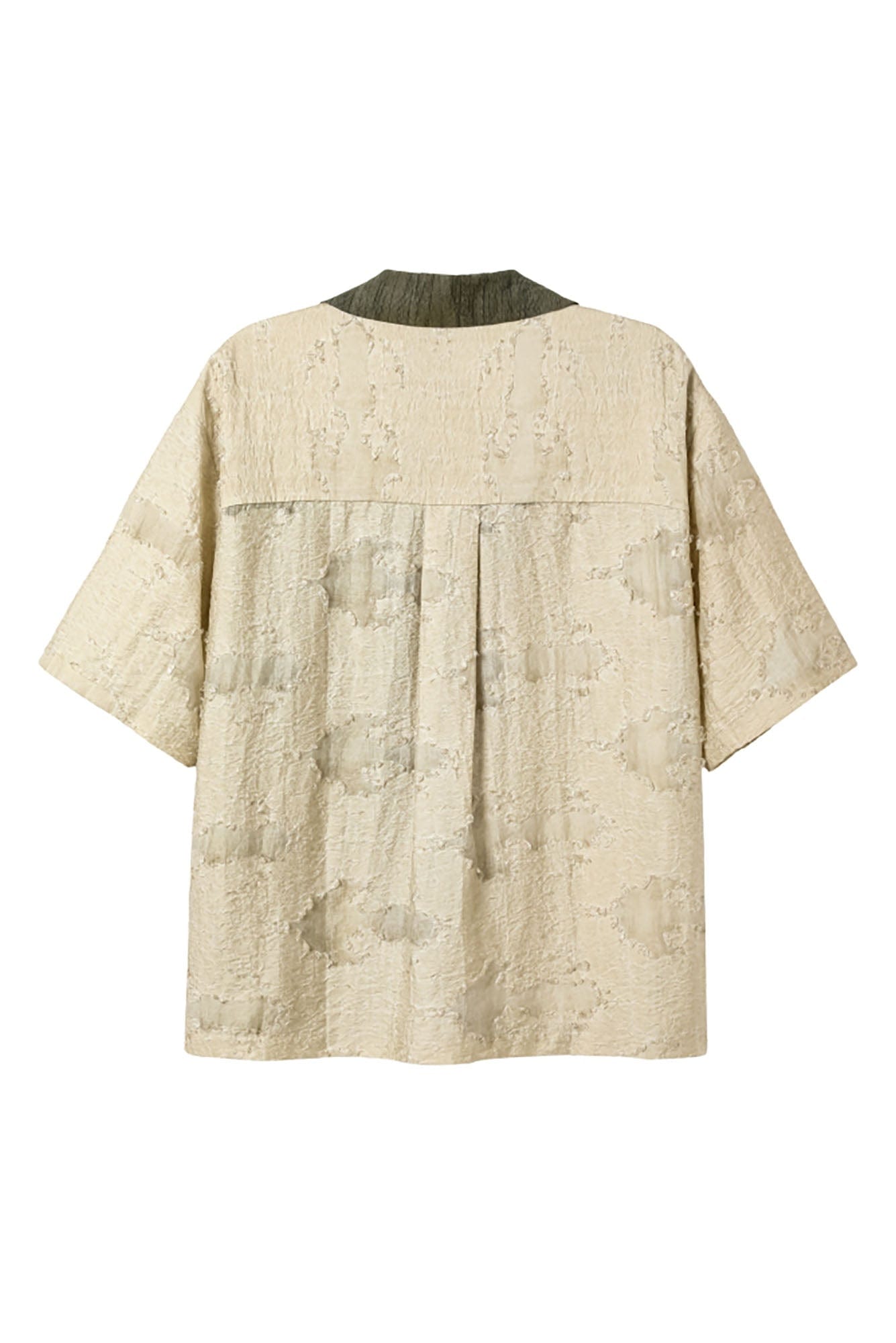 ALVNG AR ANTS Botanical Dyed Burnout Textured Spliced Half Shirt, premium urban and streetwear designers apparel on PROJECTISR.com, ALVNG AR ANTS