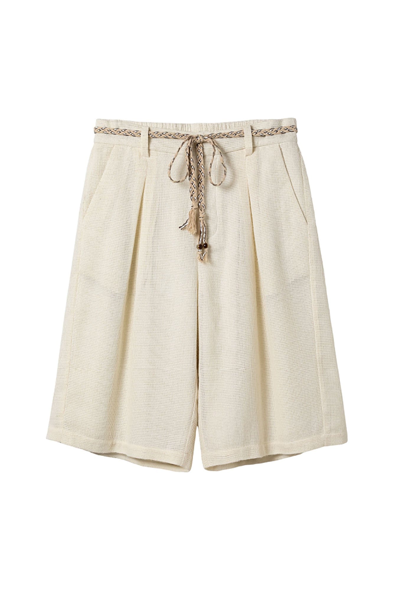ALVNG AR ANTS Textured Mesh Pleated Braided Tassel Belt Shorts, premium urban and streetwear designers apparel on PROJECTISR.com, ALVNG AR ANTS