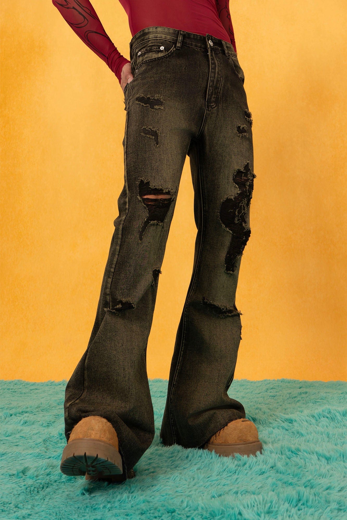 CLP Retro Distressed Ripped Flared Jeans, premium urban and streetwear designers apparel on PROJECTISR.com, CLP