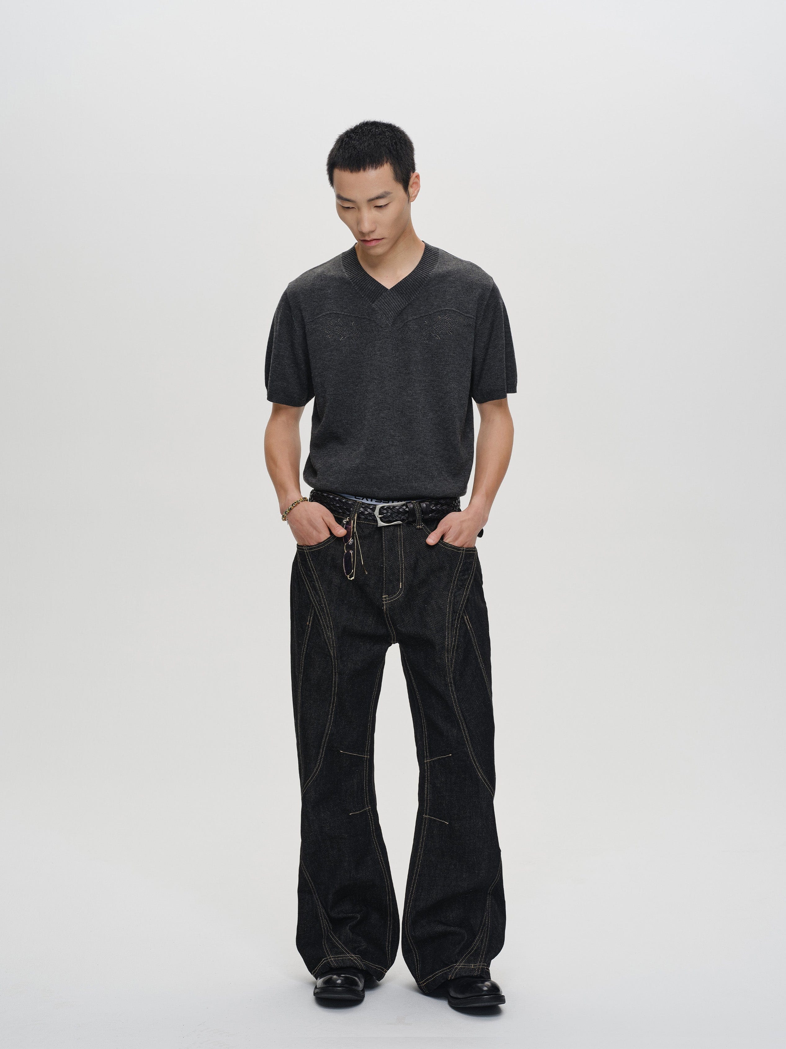 CATSSTAC Curved Panel Stitch Straight-Leg Raw Jeans, premium urban and streetwear designers apparel on PROJECTISR.com, CATSSTAC