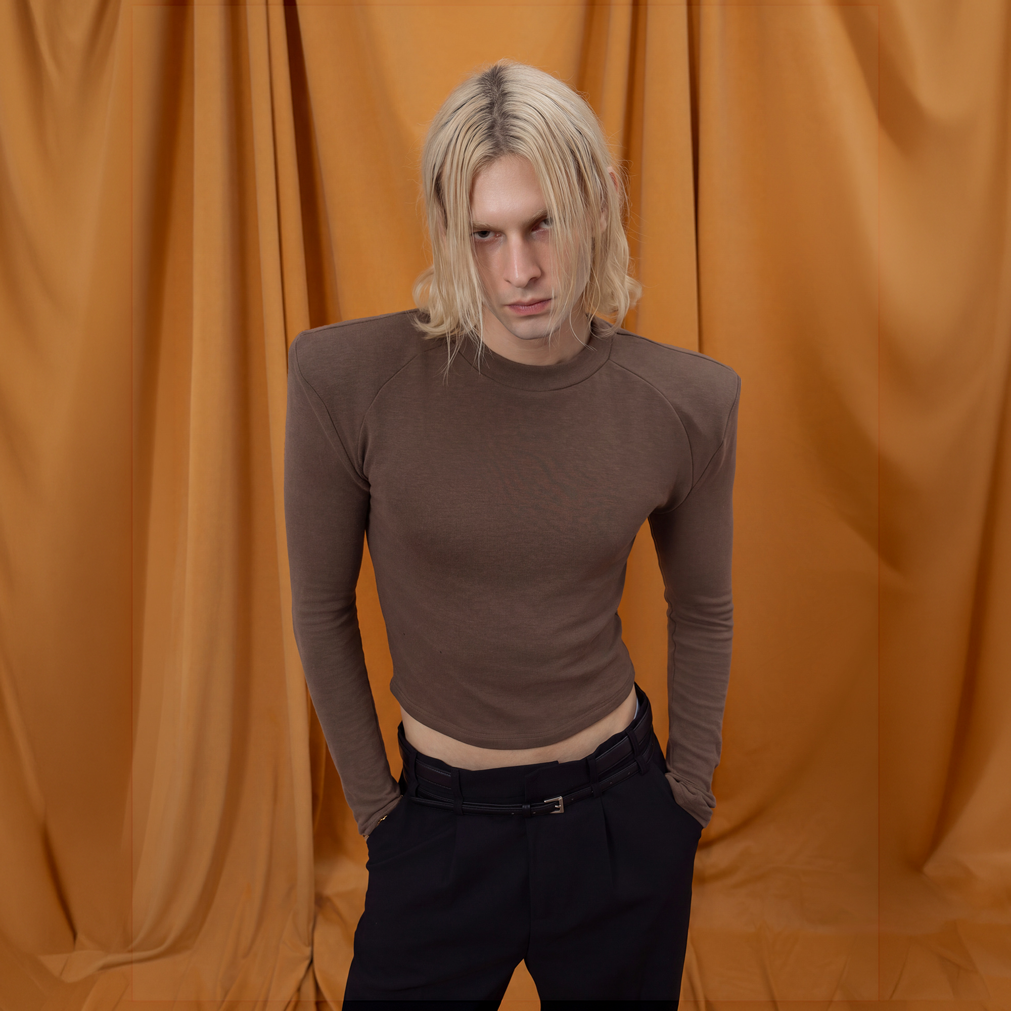 CLP Shoulder-Padded Cropped Long-Sleeve Tee