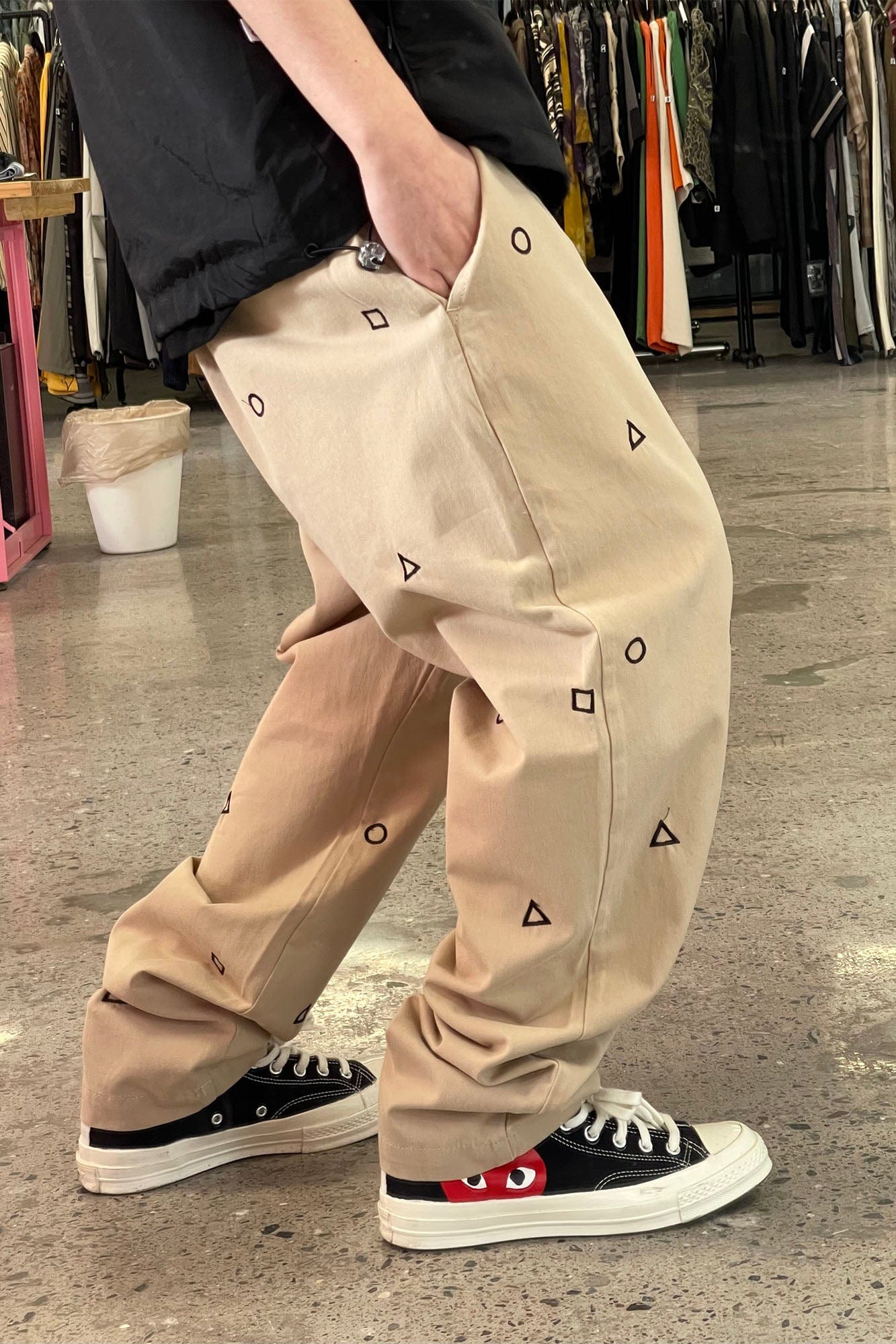 ME DA IGUAL Geometric Embroidered Oversized Tapered Pants, premium urban and streetwear designers apparel on PROJECTISR.com, ME DA IGUAL