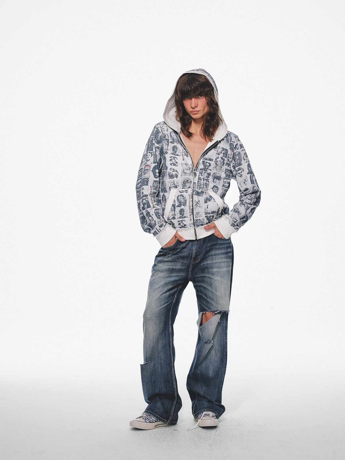 TRECLUB Retro Portrait Full-Print Hooded Jacket