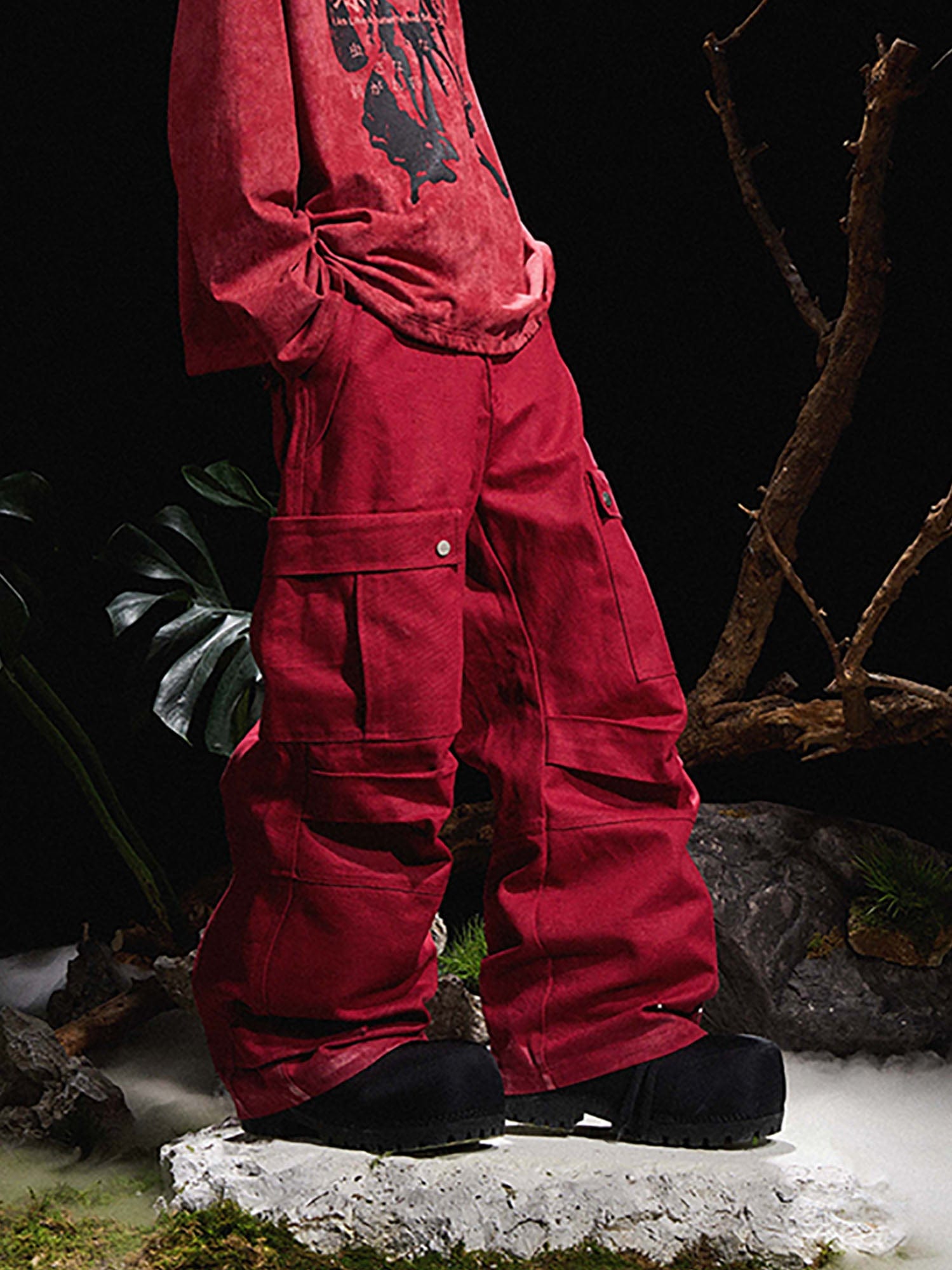 RELABEL Multi-Pocket Oversized Workwear Cargo Pants Red, premium urban and streetwear designers apparel on PROJECTISR.com, RELABEL