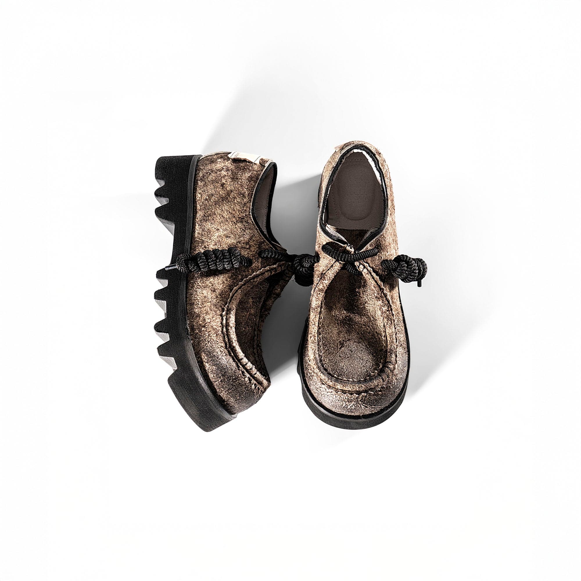 REWRITE Distressed Texture Cowhide Rope-Tied Chunky Big-Toe Derbies, premium urban and streetwear designers apparel on PROJECTISR.com, REWRITE