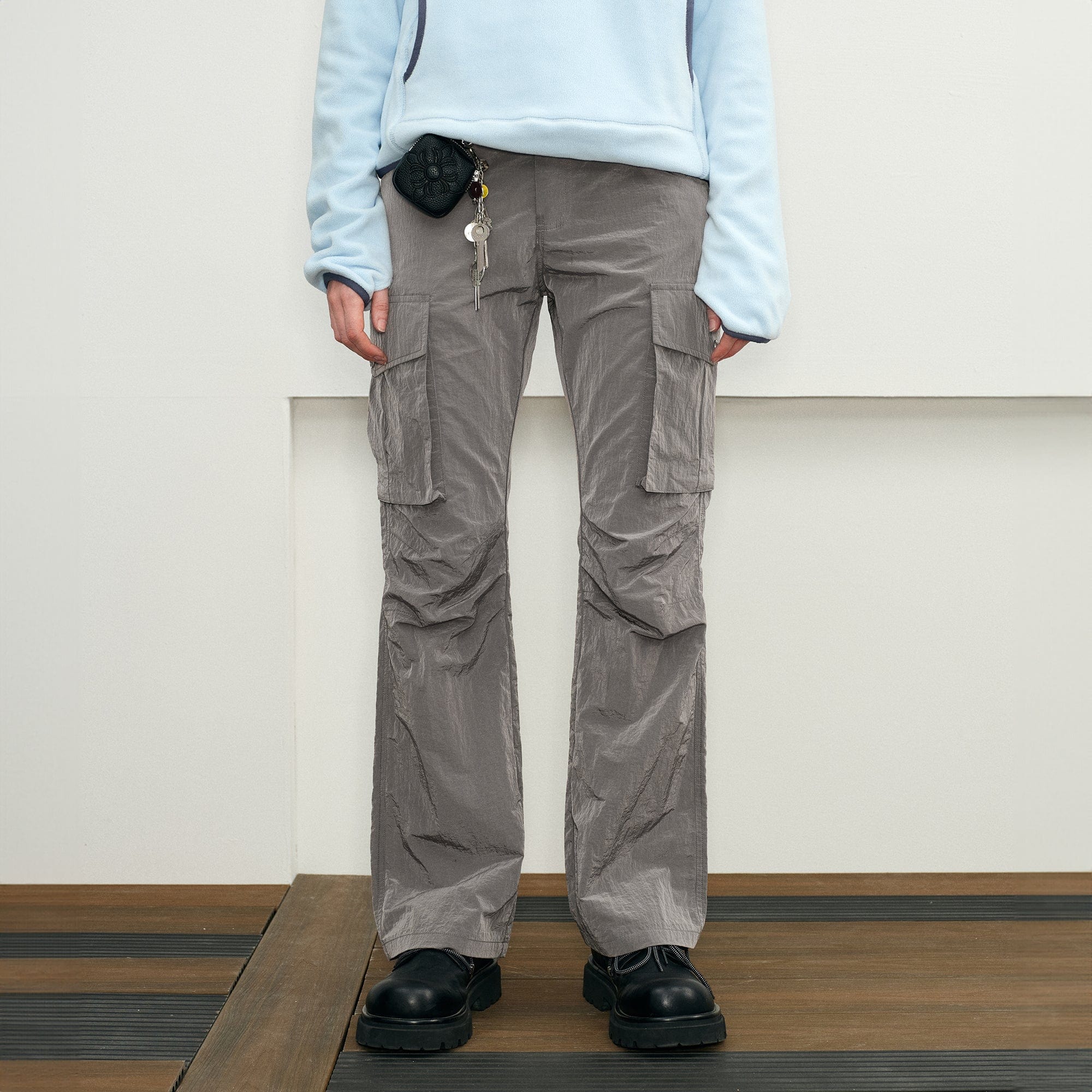 KREATE Liquid Metal Crinkled Flared Cargo, premium urban and streetwear designers apparel on PROJECTISR.com, KREATE