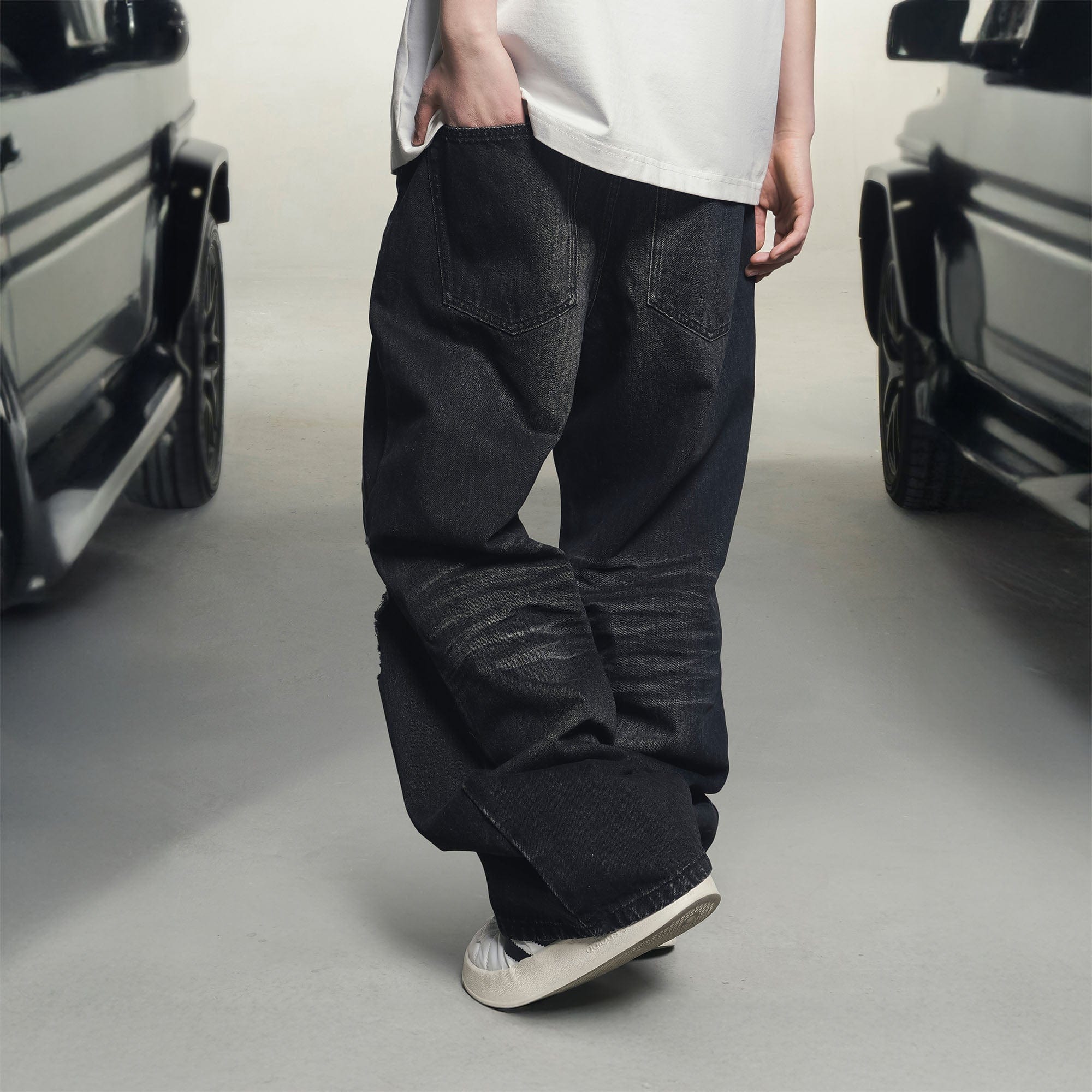 MAKEMORE Retro Washed Ripped Straight-Leg Jeans, premium urban and streetwear designers apparel on PROJECTISR.com, MAKEMORE