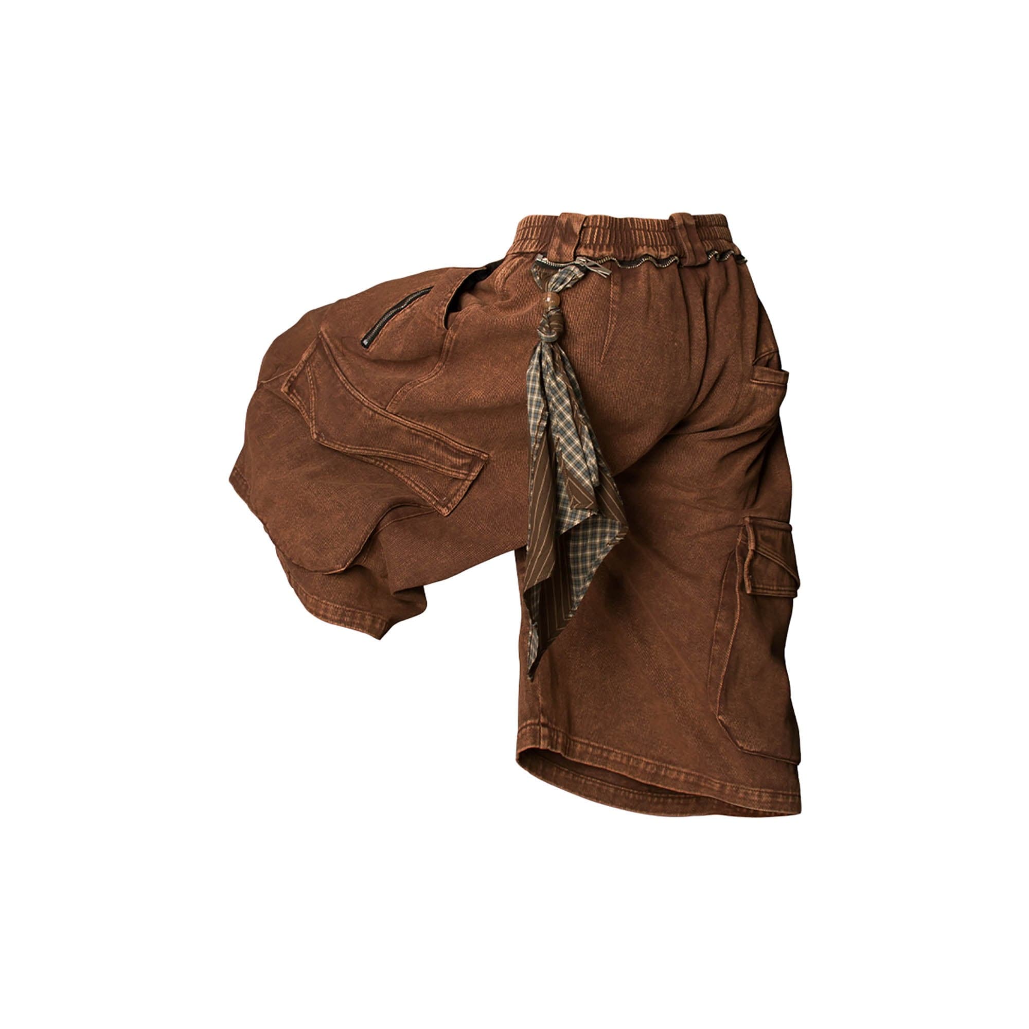 RELABEL Detachable Scarf Washed Multi-Pocket Wide-Leg Shorts Brown, premium urban and streetwear designers apparel on PROJECTISR.com, RELABEL