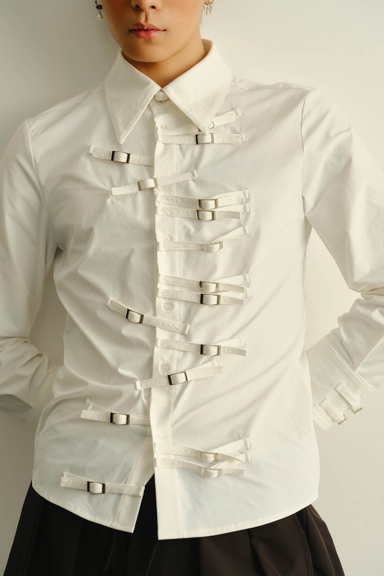 KADAKADA Asymmetrical Multi-Buckle Tailored Fit Shirt, premium urban and streetwear designers apparel on PROJECTISR.com, KADAKADA