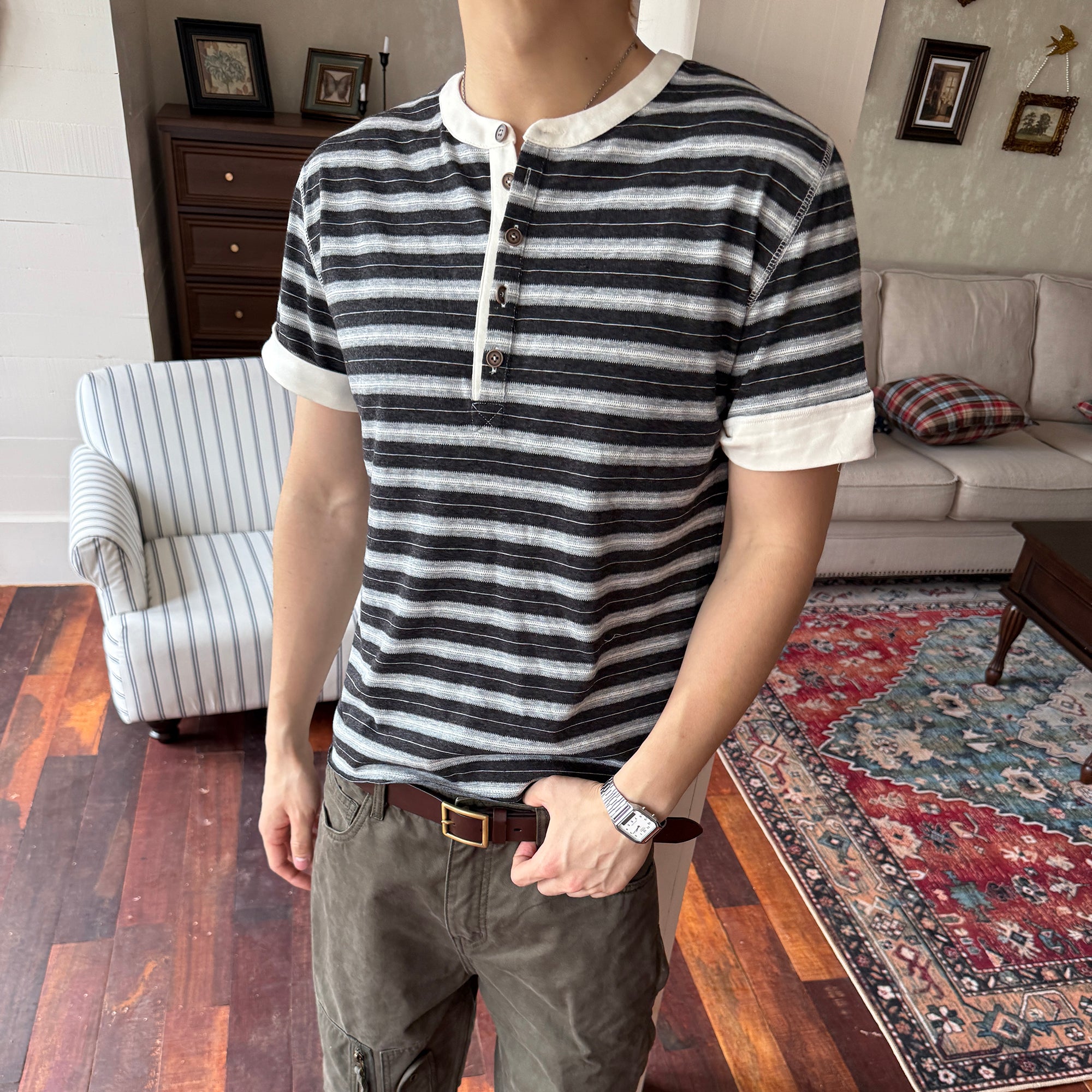 TRECLUB Stripe Henley T-Shirt