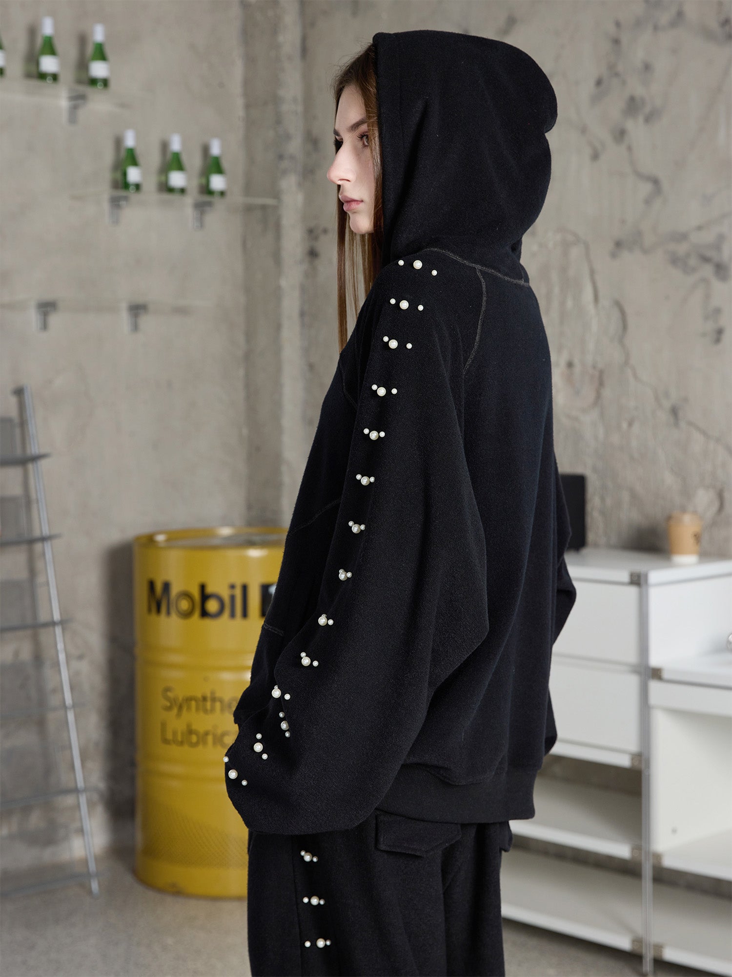 ERROR CODE ROBOT Pearl-Studded Diamond-Seam Hoodie, premium urban and streetwear designers apparel on PROJECTISR.com, ERROR CODE ROBOT