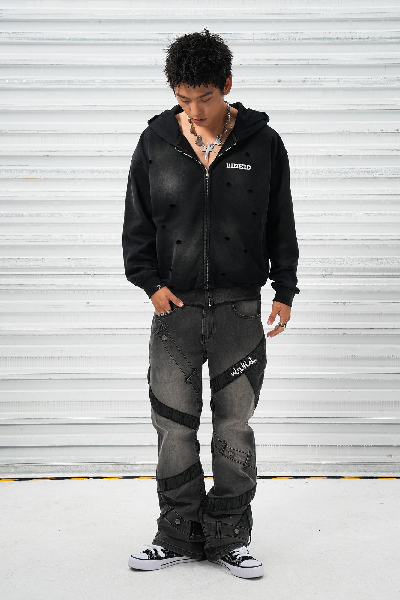 VINKID Distressed Worn Logo Zip Hooded Jacket, premium urban and streetwear designers apparel on PROJECTISR.com, VINKID