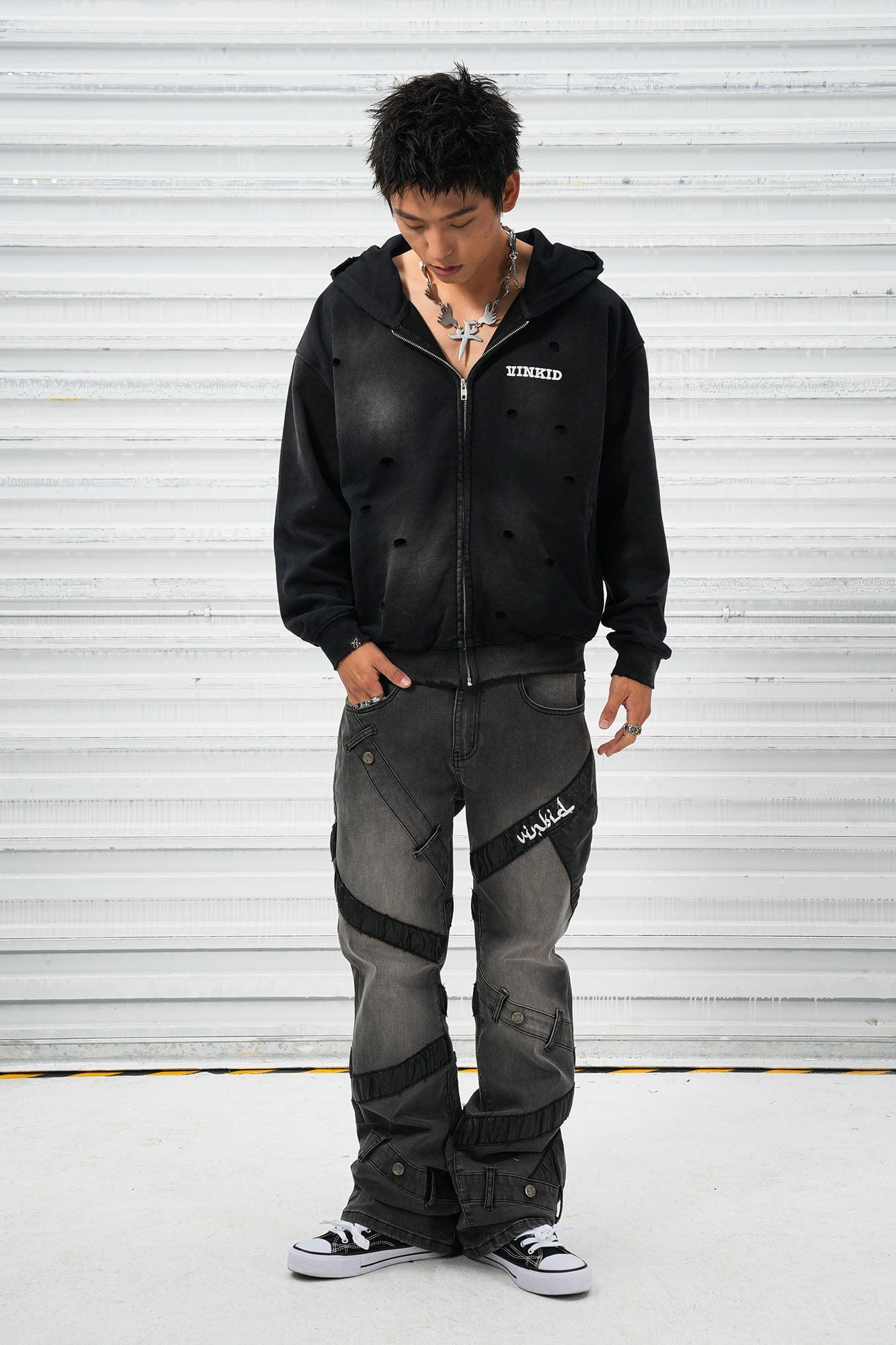 VINKID Distressed Worn Logo Zip Hooded Jacket, premium urban and streetwear designers apparel on PROJECTISR.com, VINKID