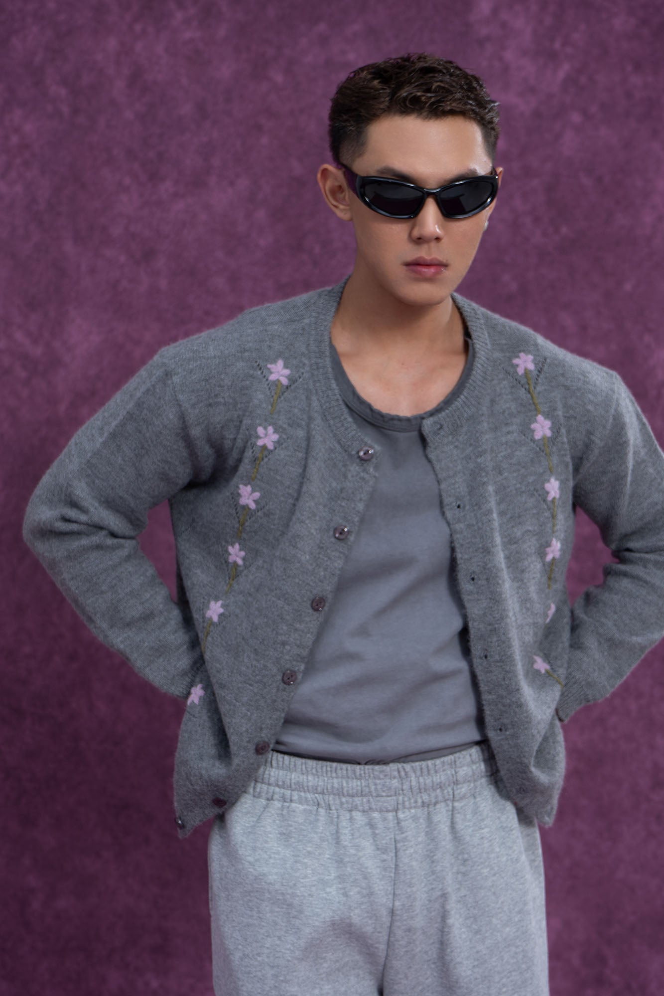 CLP Embroidered Floral Line Wool-Blend Cardigan