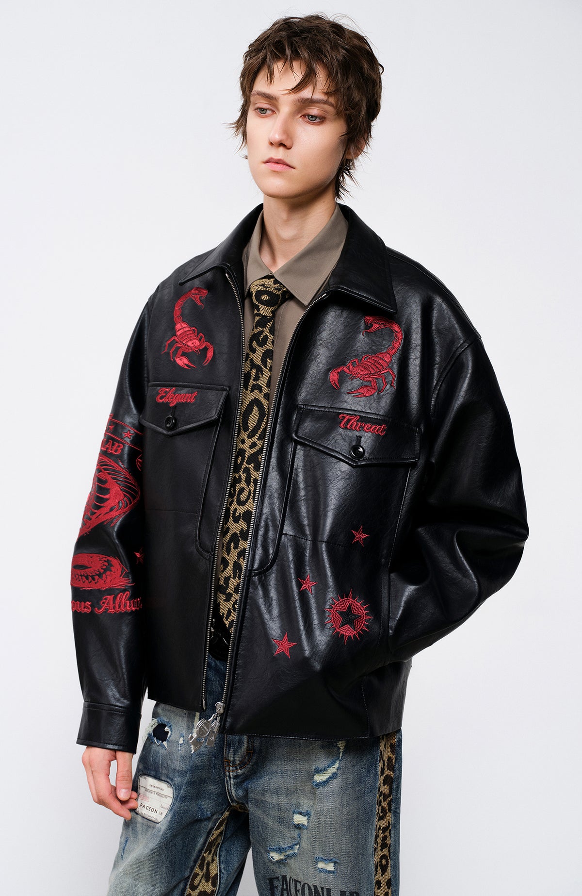 FACEONLAB Embroidered Faux Leather Jacket