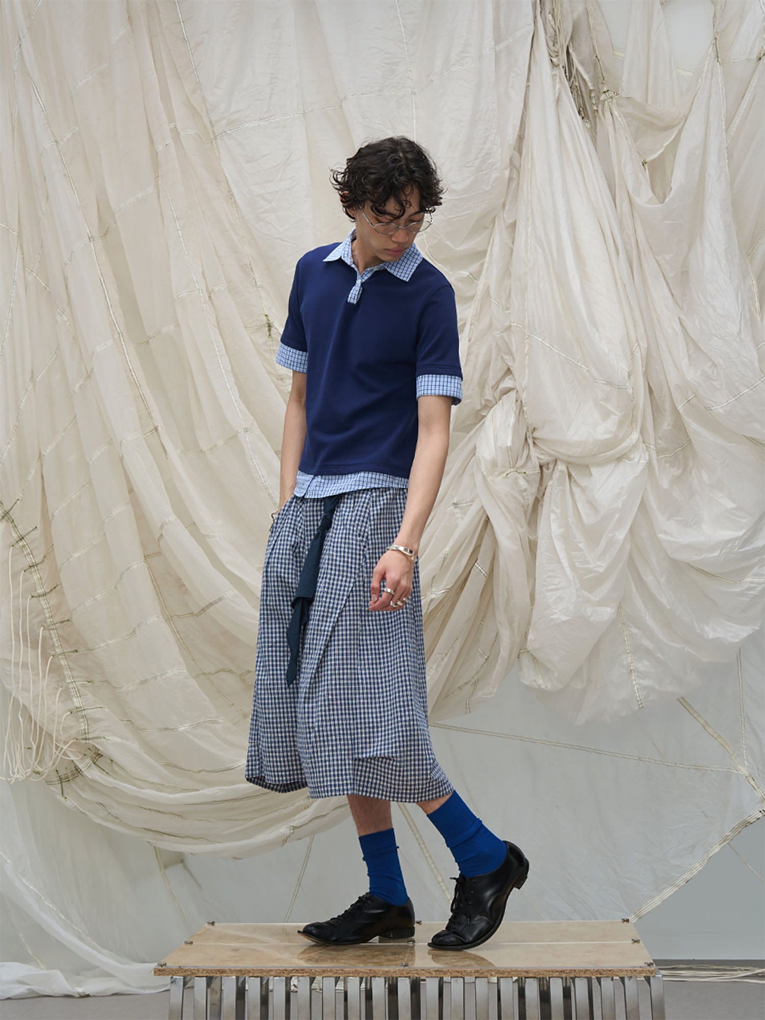 RELABEL Detachable Scarf Grid Pleated Shorts, premium urban and streetwear designers apparel on PROJECTISR.com, RELABEL