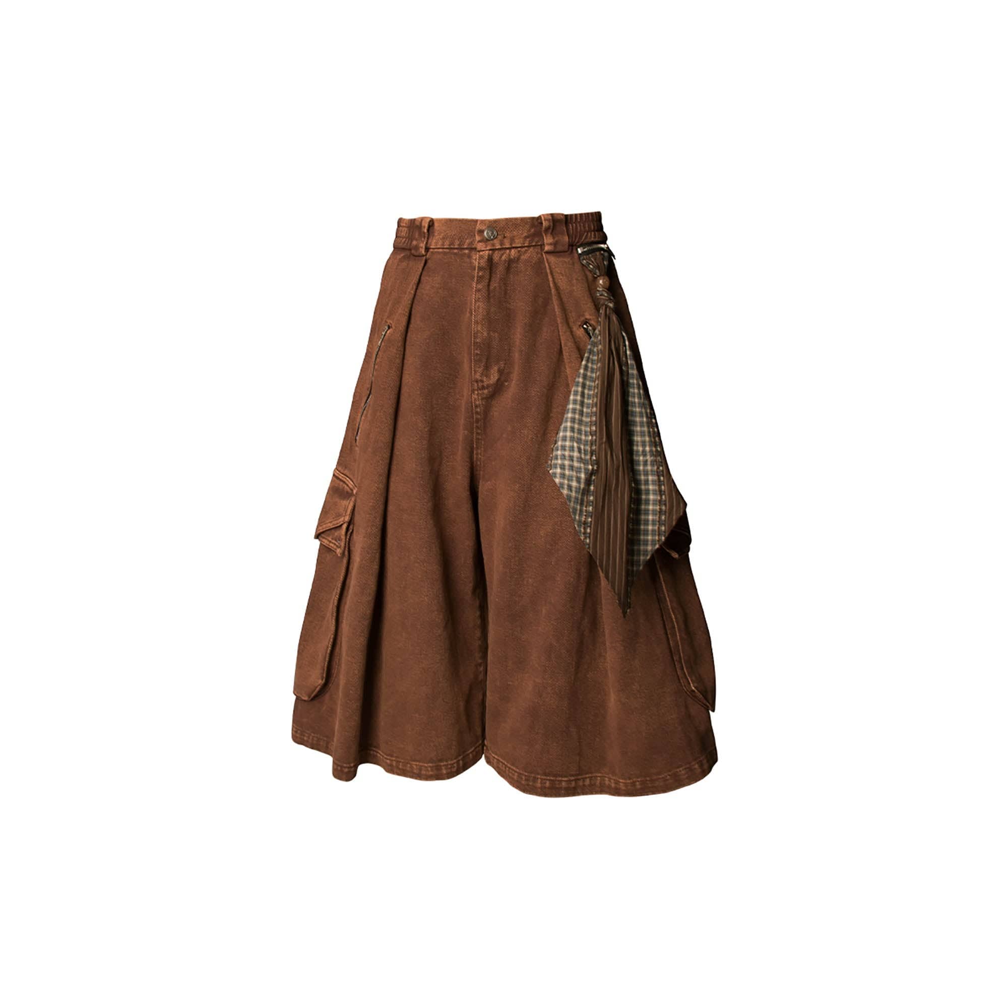 RELABEL Detachable Scarf Washed Multi-Pocket Wide-Leg Shorts Brown, premium urban and streetwear designers apparel on PROJECTISR.com, RELABEL