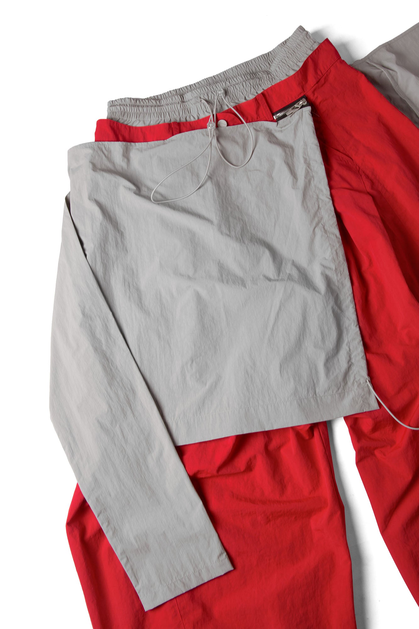 RELABEL Drawstring Layered Double-Waistband Parachute Pants Red, premium urban and streetwear designers apparel on PROJECTISR.com, RELABEL
