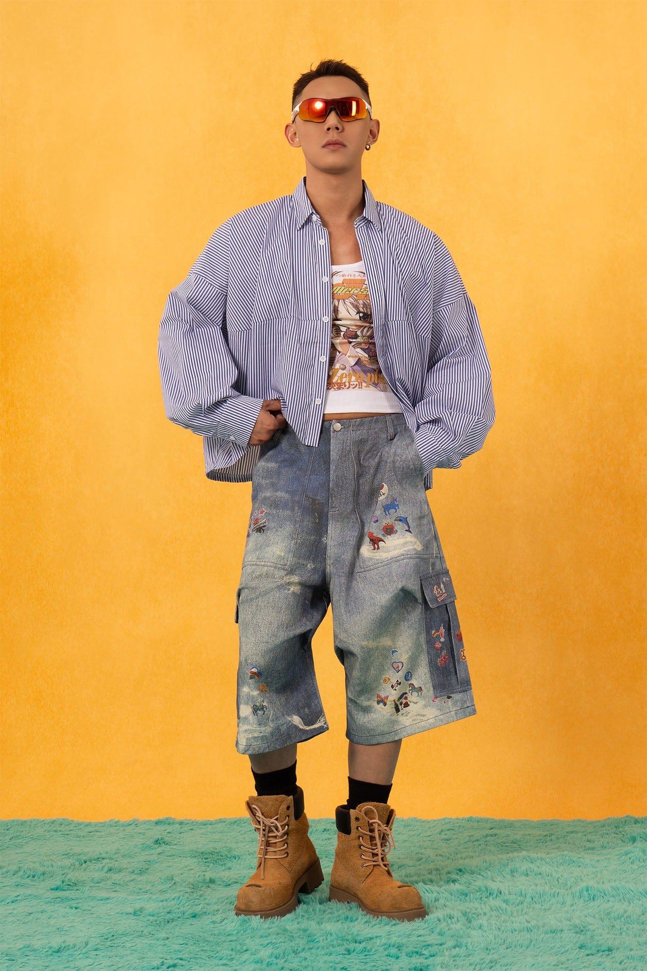 CLP Whimsical Distressed Stickers Cargo Denim Shorts, premium urban and streetwear designers apparel on PROJECTISR.com, CLP