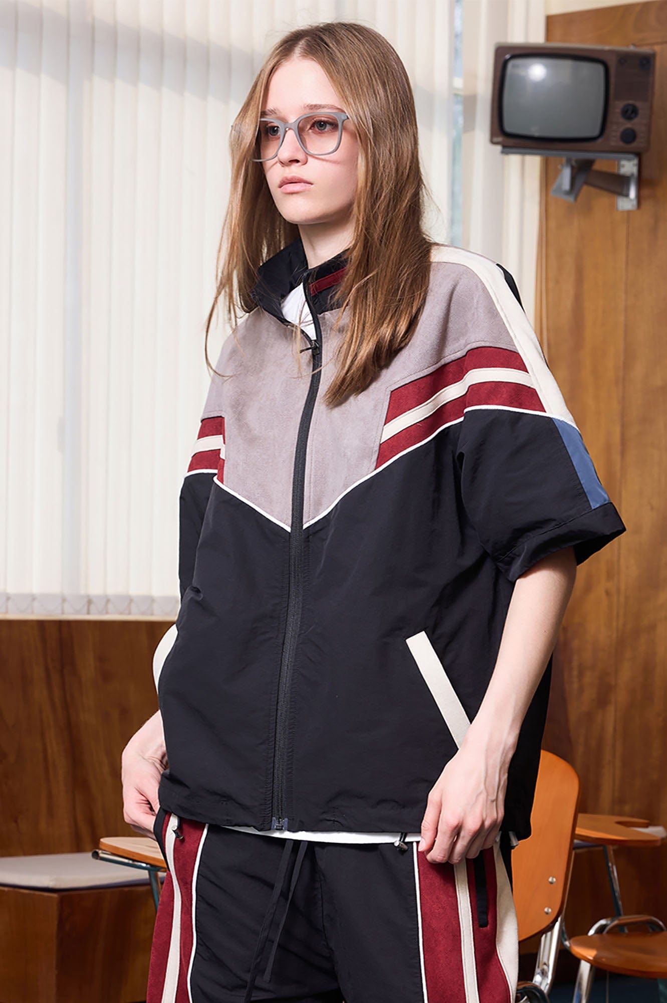 ERROR CODE ROBOT Diagonal Stripe Suede Track Half Jacket, premium urban and streetwear designers apparel on PROJECTISR.com, ERROR CODE ROBOT