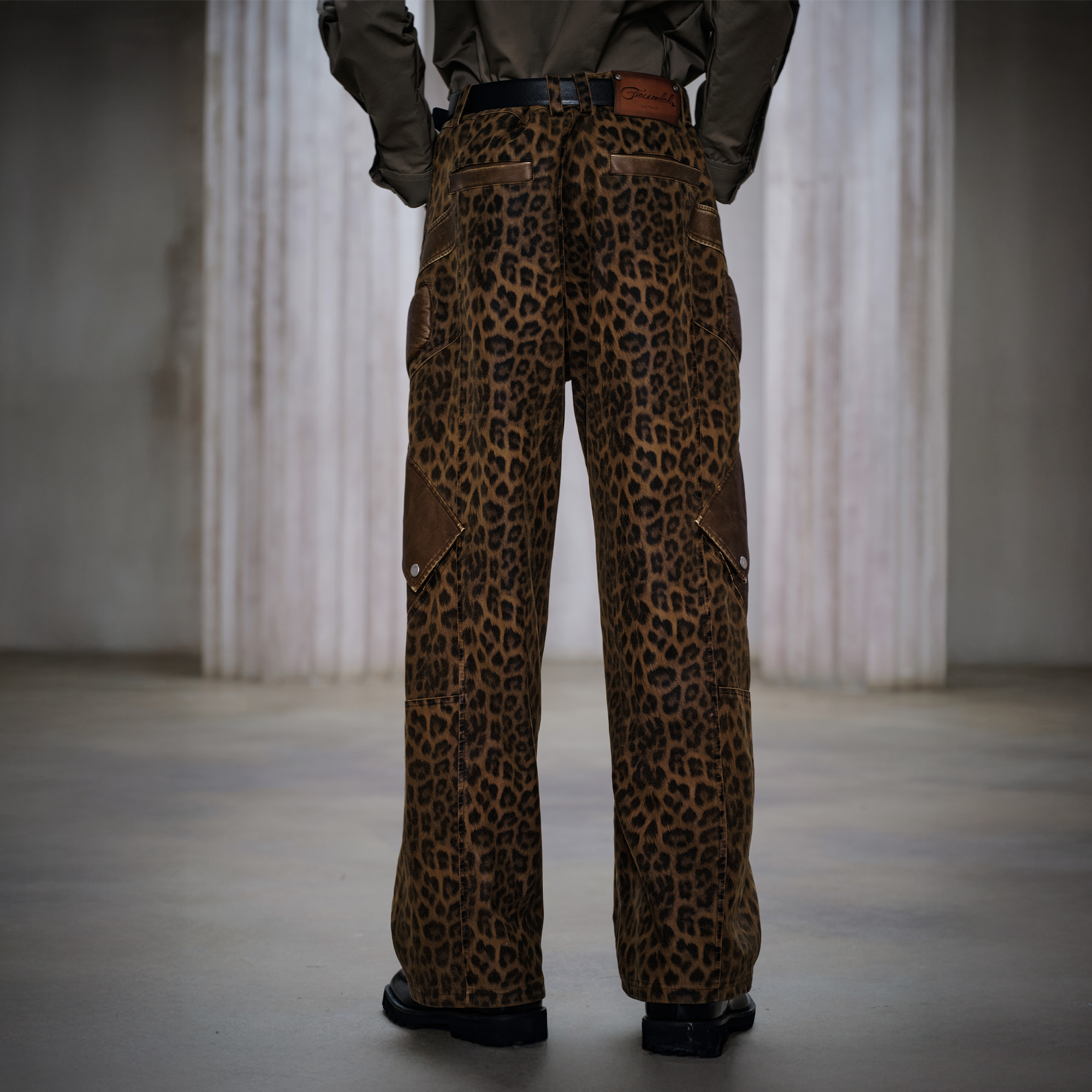 FACEONLAB Leopard Paneled Straight-Leg Pants