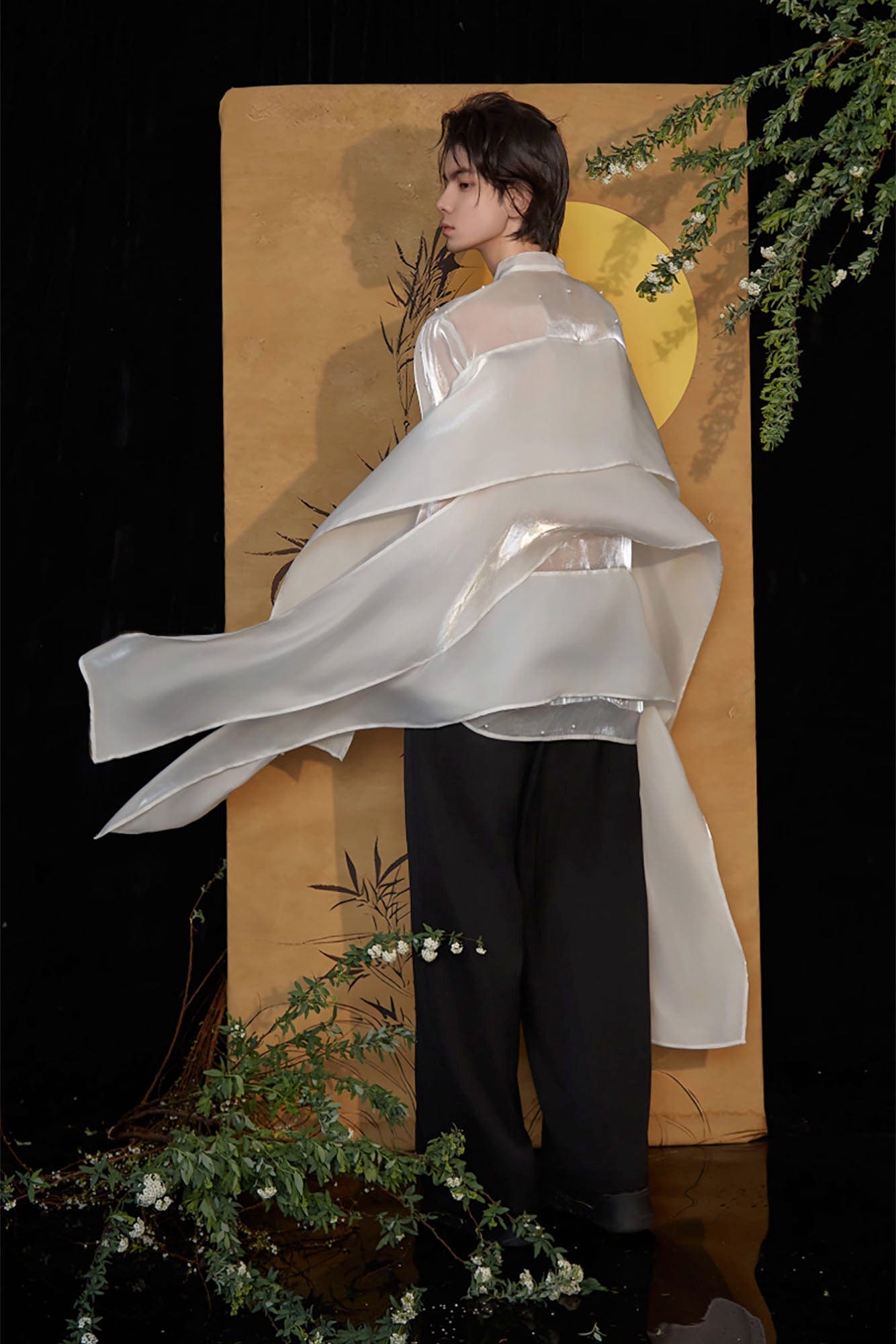 JIECHI Pearl Embroidered Layered Ribbon Organza Shirt, premium urban and streetwear designers apparel on PROJECTISR.com, JIECHI