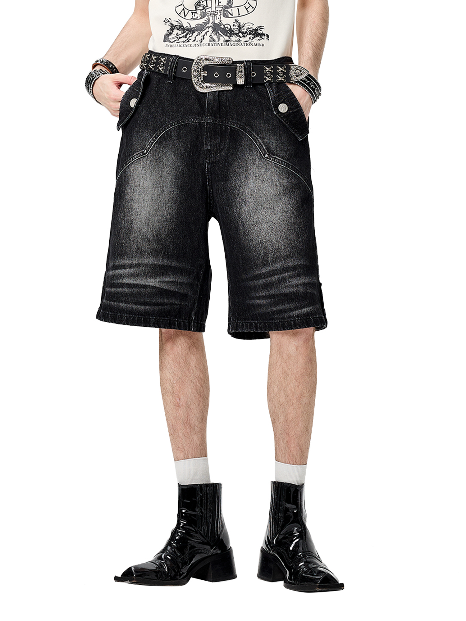 CYCYCY Retro Washed Paneled Denim Shorts