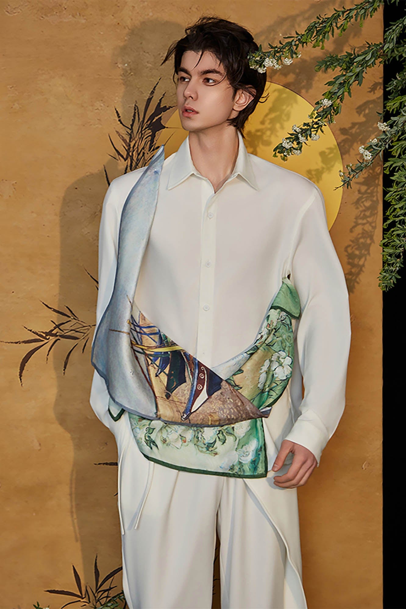 JIECHI Asymmetrical Scarf-Draped Graphics Shirt