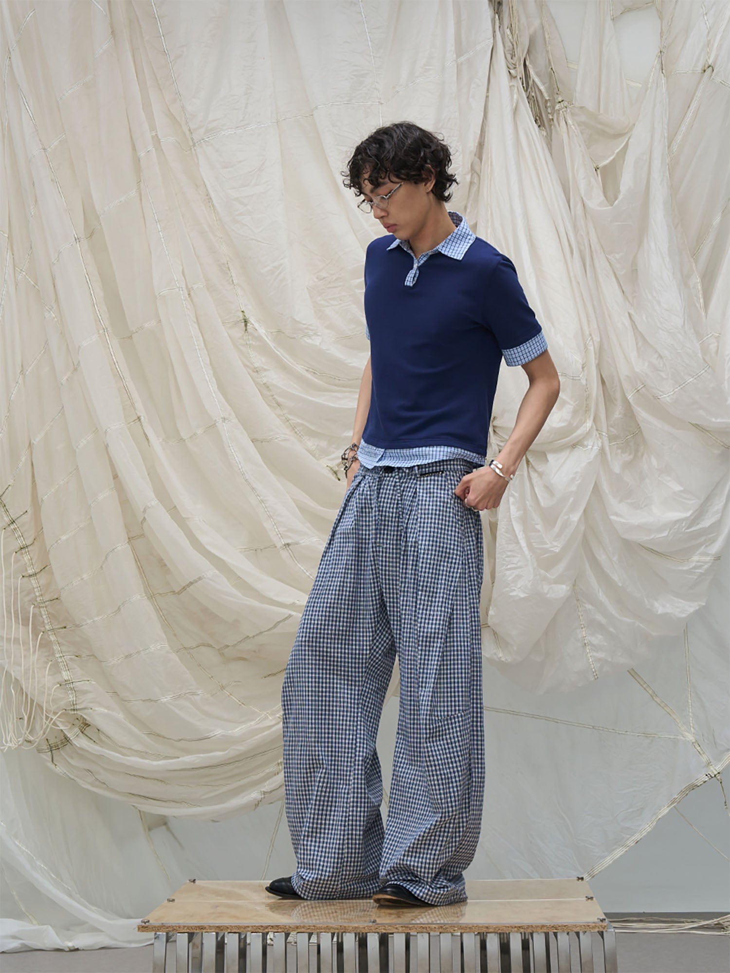 RELABEL Detachable Scarf Grid Pleated Pants, premium urban and streetwear designers apparel on PROJECTISR.com, RELABEL