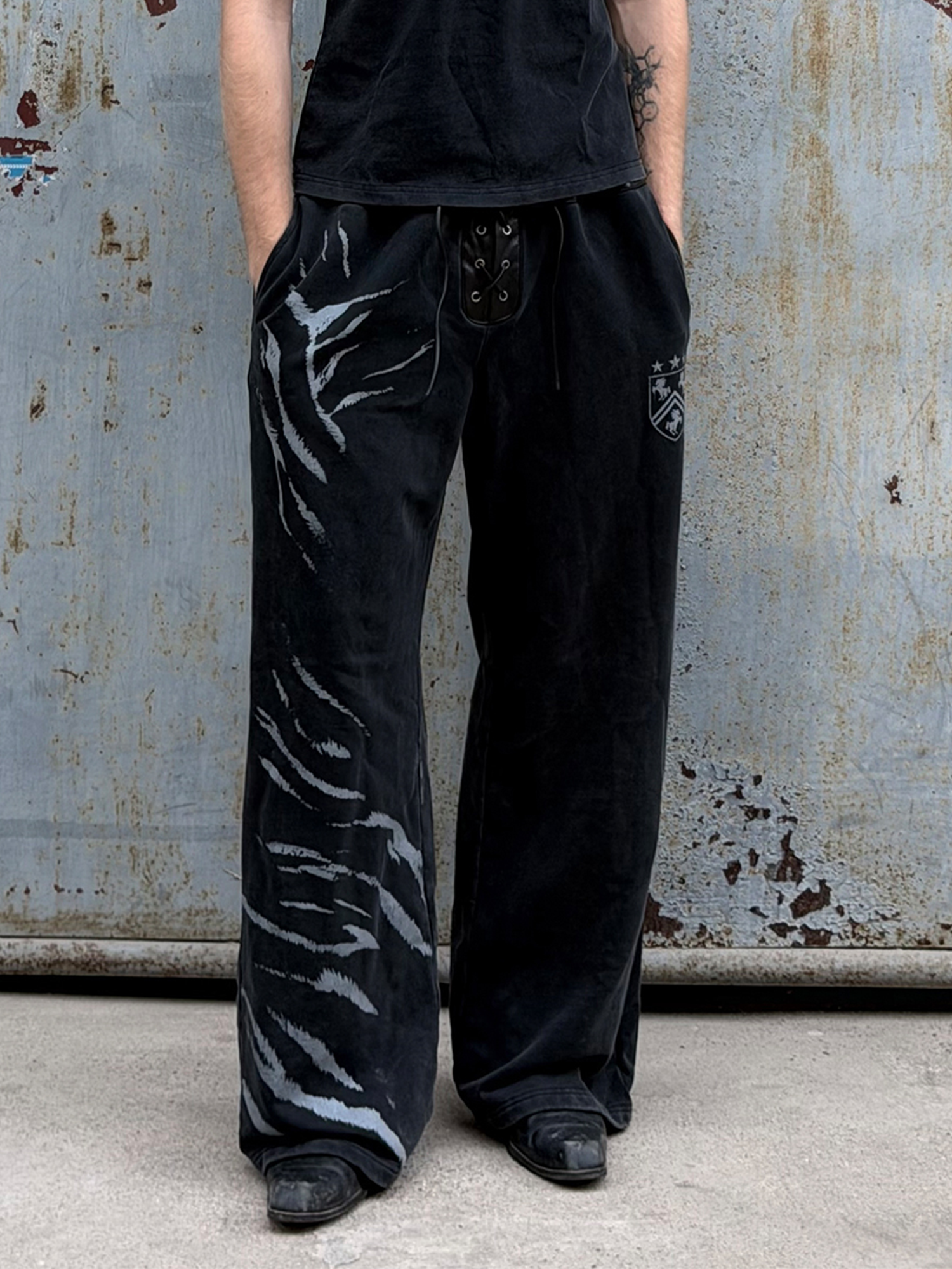 ESAIAS Washed Zebra Print Double-Waist Sweatpants