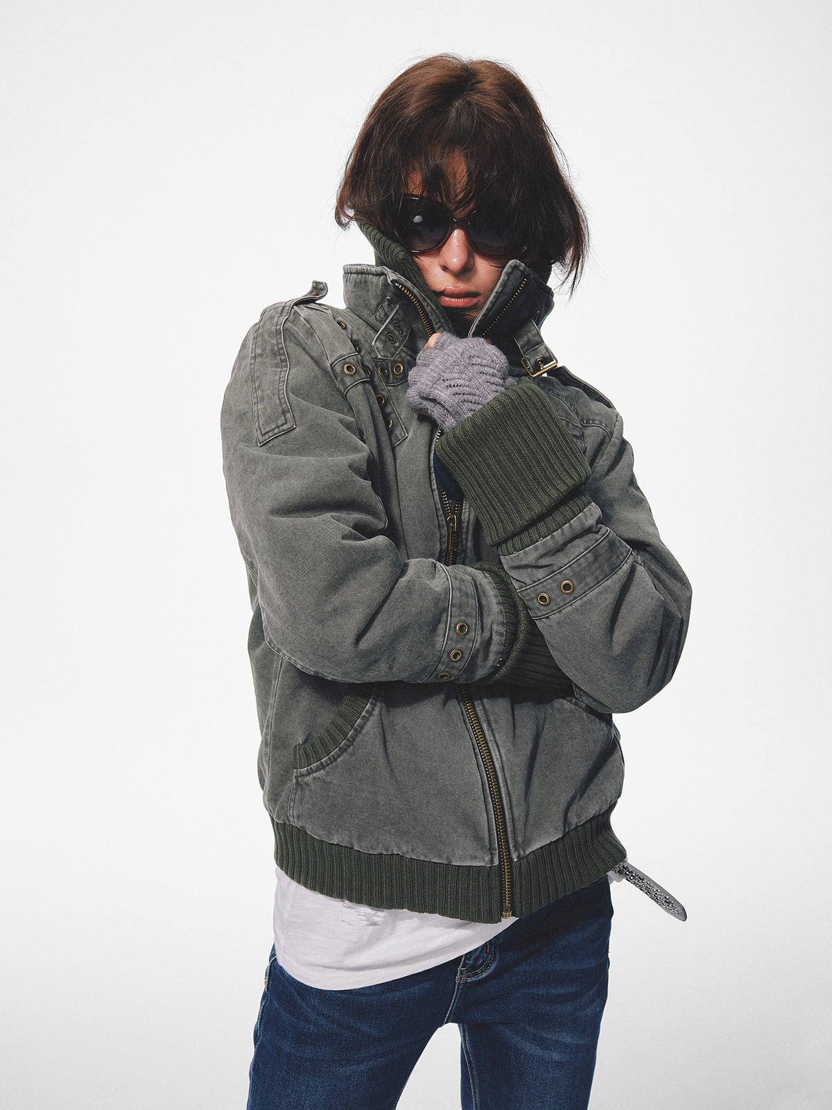 TRECLUB Retro Punk Washed Cross Eyelet Ribbed Collar Padded Jacket, premium urban and streetwear designers apparel on PROJECTISR.com, TRECLUB
