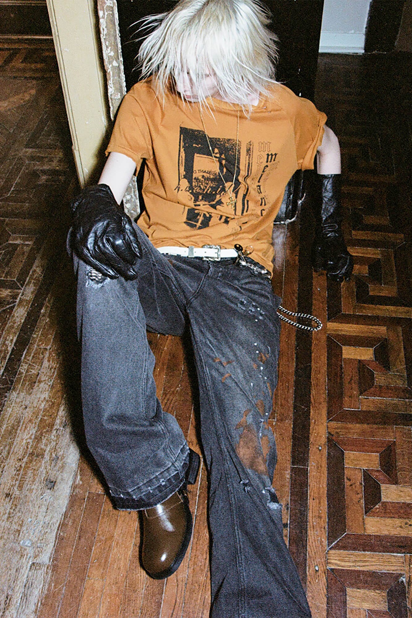 RICHILL Rust-Stained Distressed Flared Jeans, premium urban and streetwear designers apparel on PROJECTISR.com, RICHILL