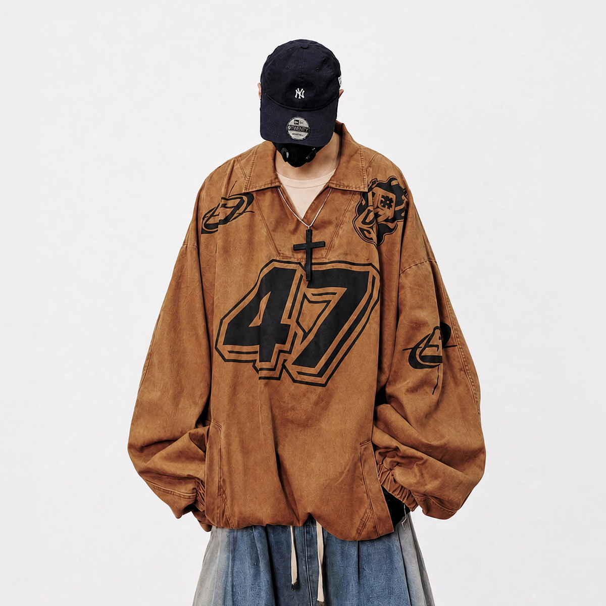 UUCSCC Washed Distressed Oversized V-Neck Sweatshirt