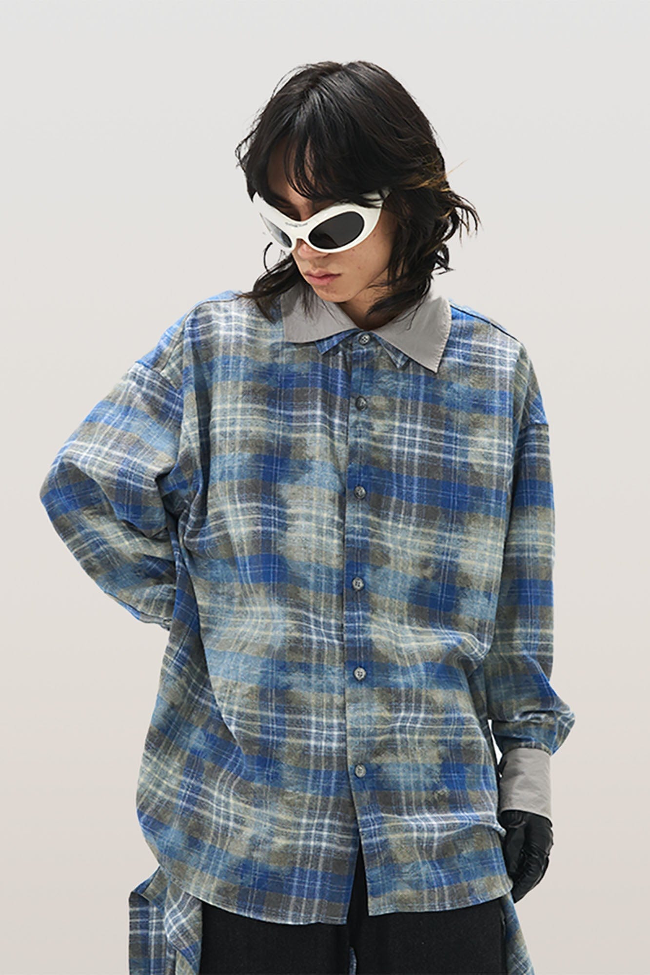 RELABEL Washed Plaid Tie-Dye Contrast-Collar Shirt, premium urban and streetwear designers apparel on PROJECTISR.com, RELABEL