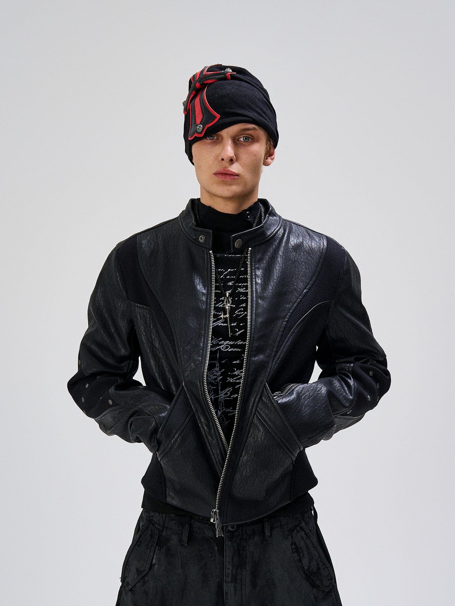 FLYERRER Structured Panel Faux Leather Biker Jacket, premium urban and streetwear designers apparel on PROJECTISR.com, FLYERRER