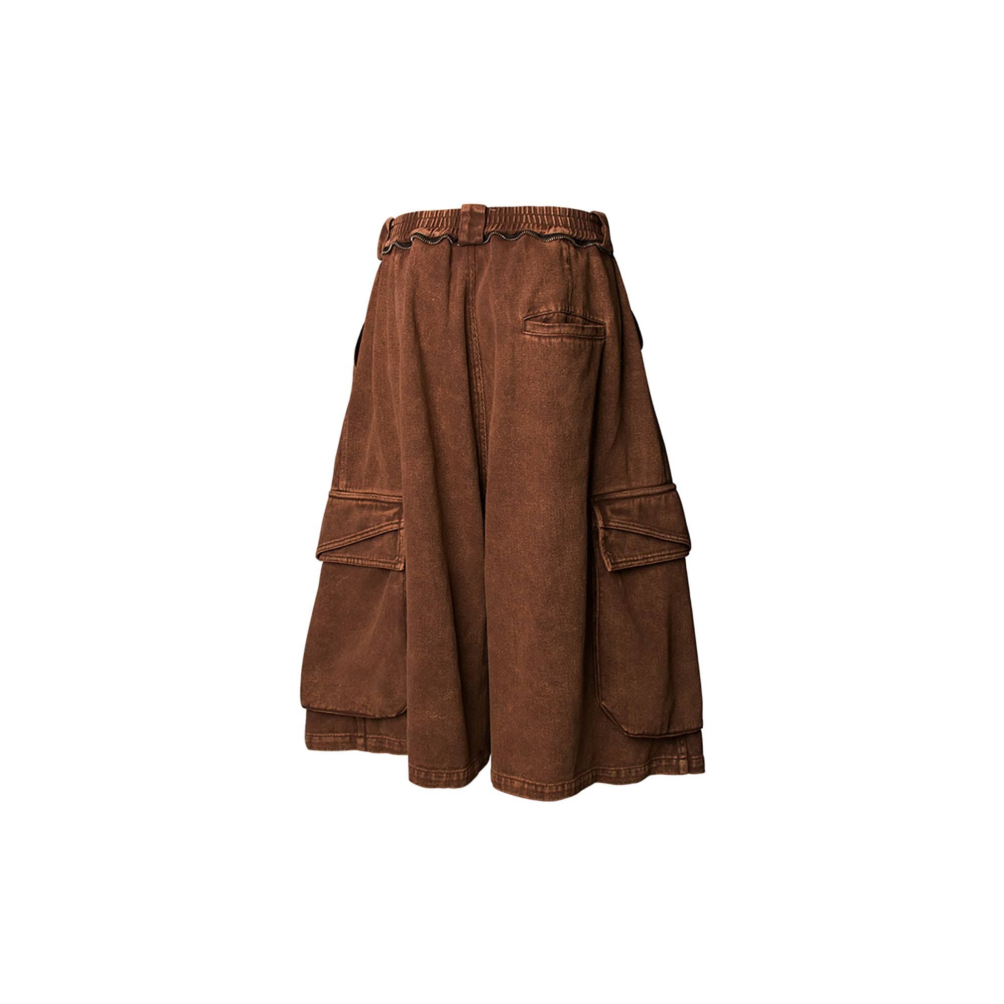 RELABEL Detachable Scarf Washed Multi-Pocket Wide-Leg Shorts Brown, premium urban and streetwear designers apparel on PROJECTISR.com, RELABEL