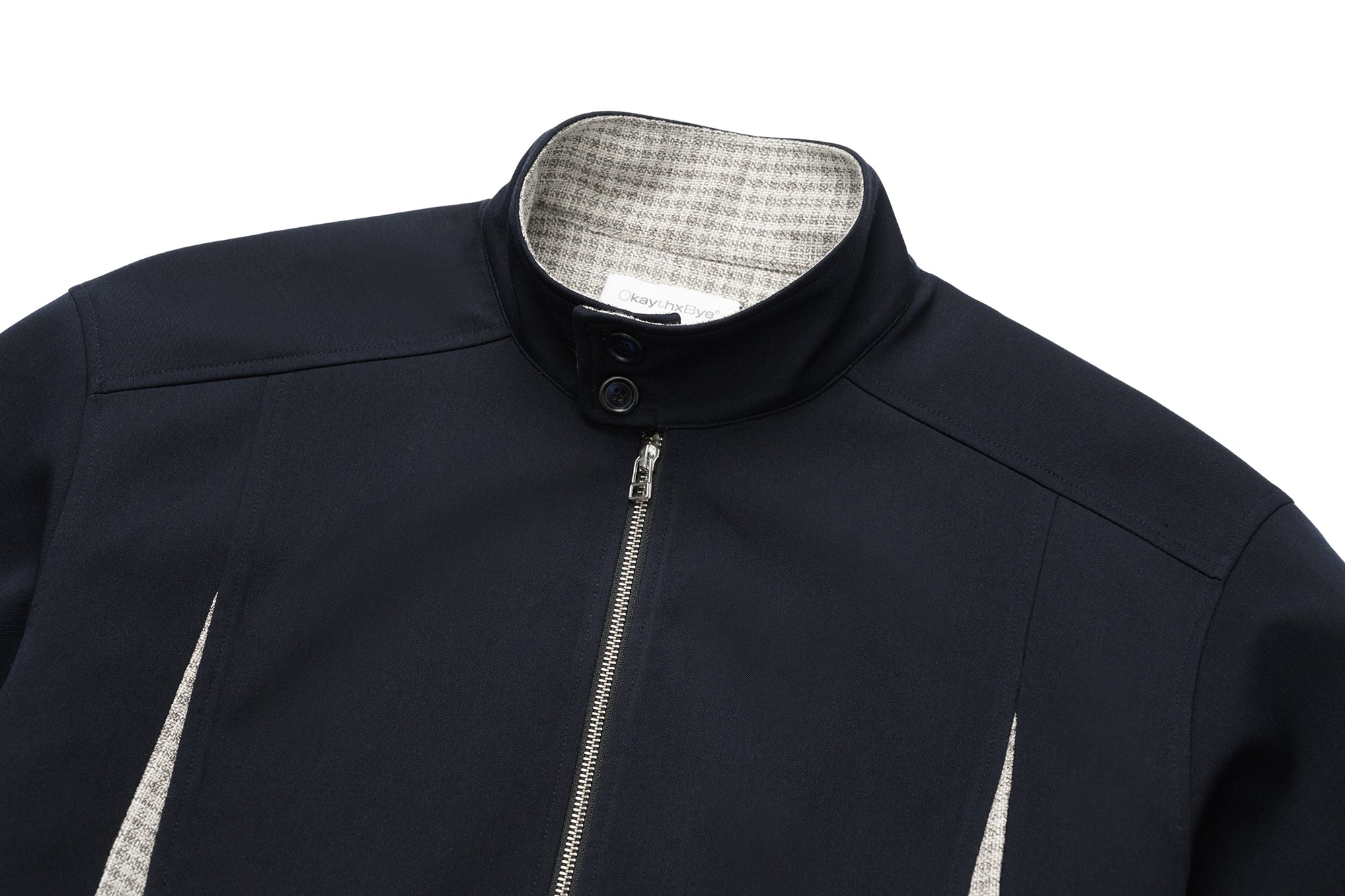 OKAYTHXBYE Checker Paneled Harrington Jacket, premium urban and streetwear designers apparel on PROJECTISR.com, OKAYTHXBYE