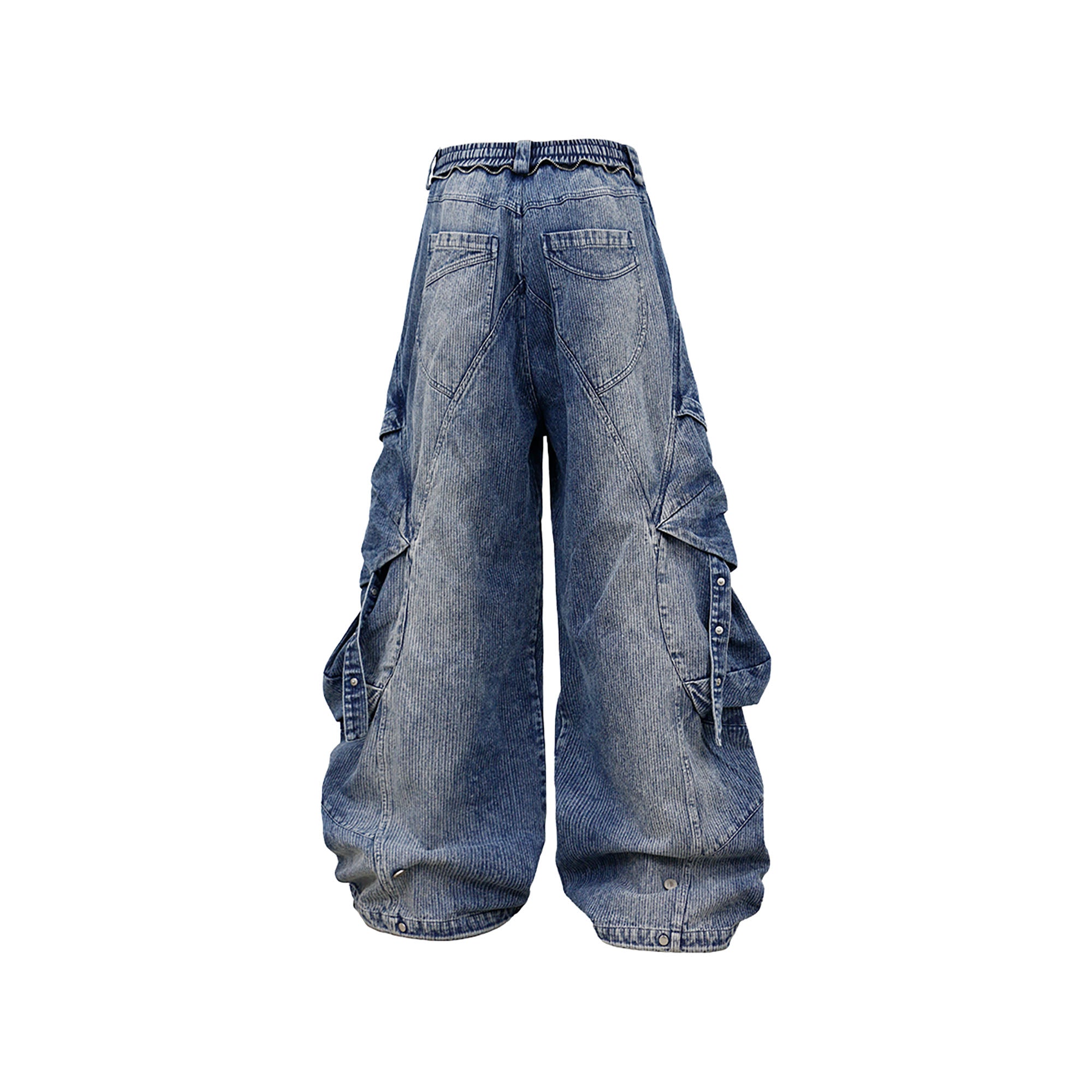 RELABEL Washed Paneled Strap Oversized Cargo Jeans Blue, premium urban and streetwear designers apparel on PROJECTISR.com, RELABEL