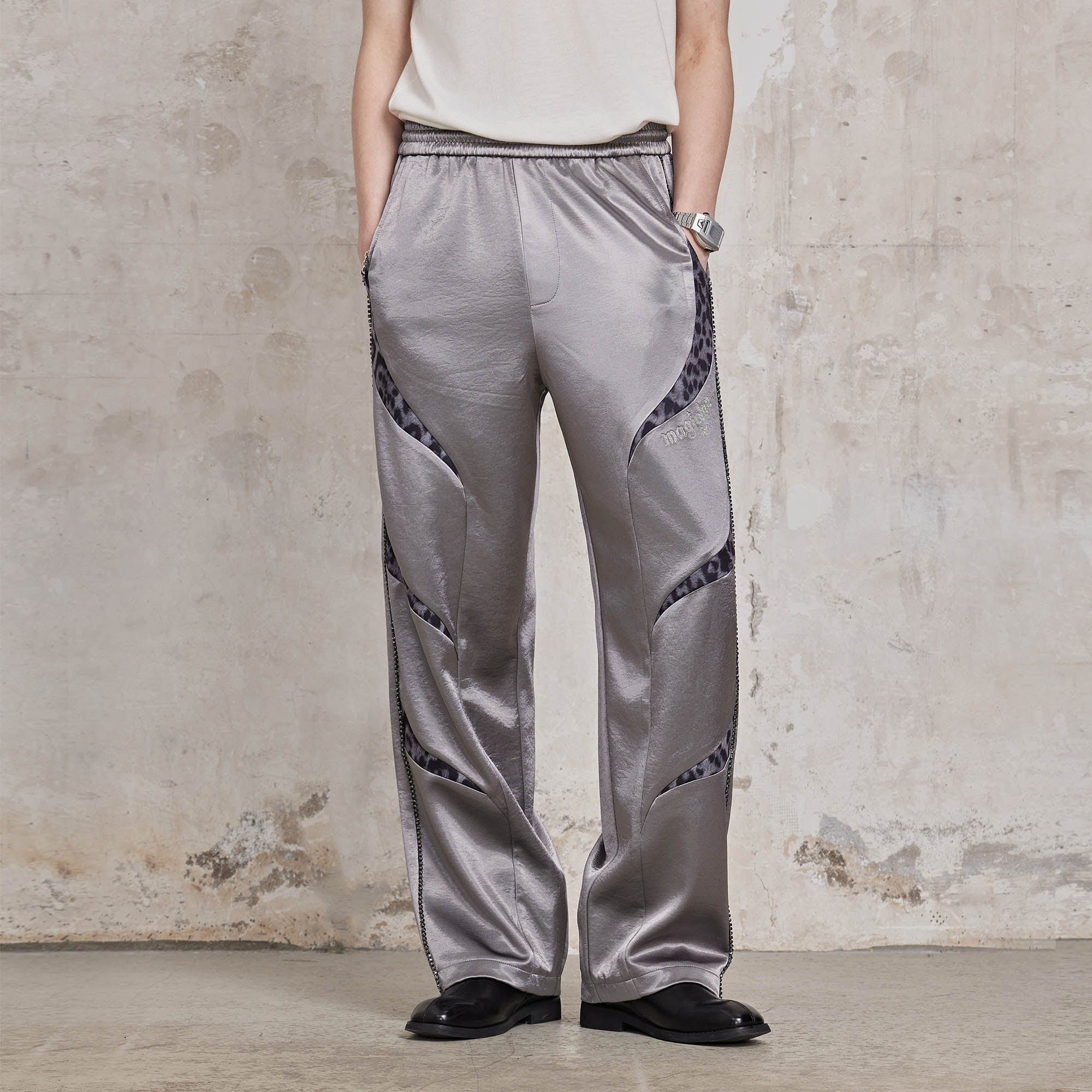 FACEONLAB Diamond Leopard-Spliced Satin Pants, premium urban and streetwear designers apparel on PROJECTISR.com, FACEONLAB